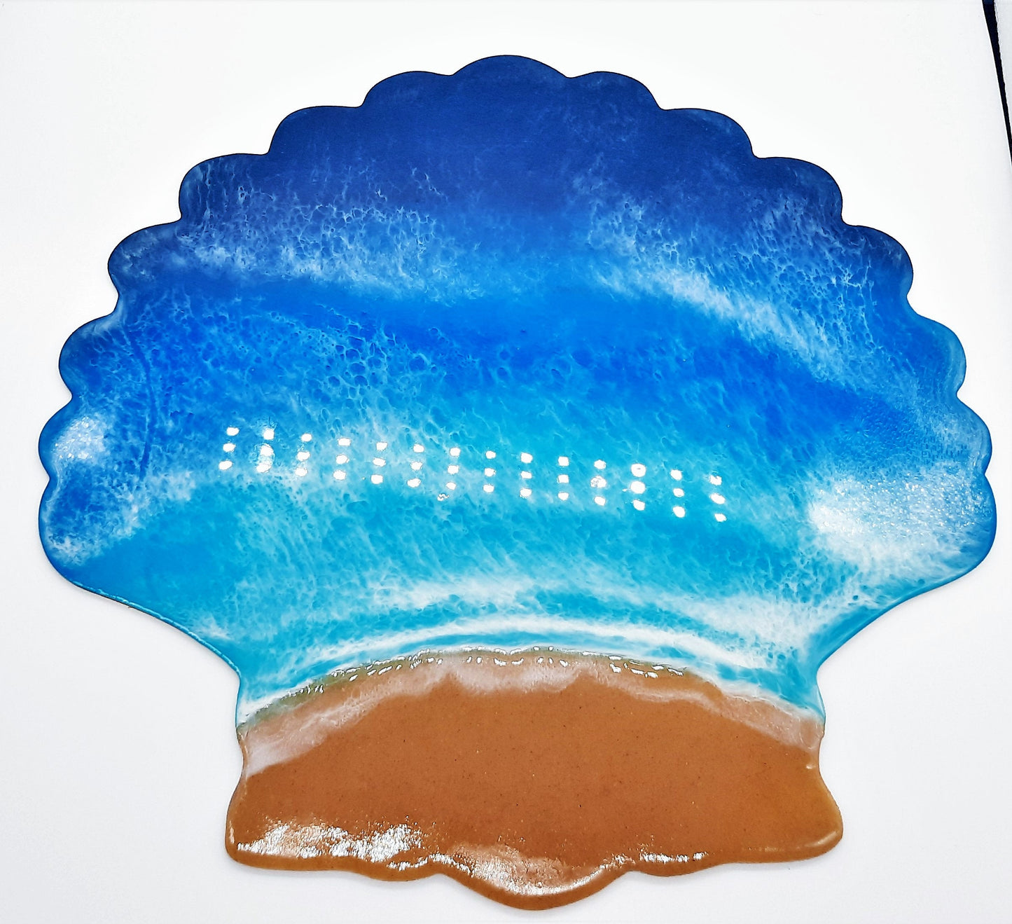 12" Handpainted Eco-Friendly Resin Seascape Beach Scene Scallop Shell, Shades of Blue, Painted on Wooden Cutout, With or Without Real Sand