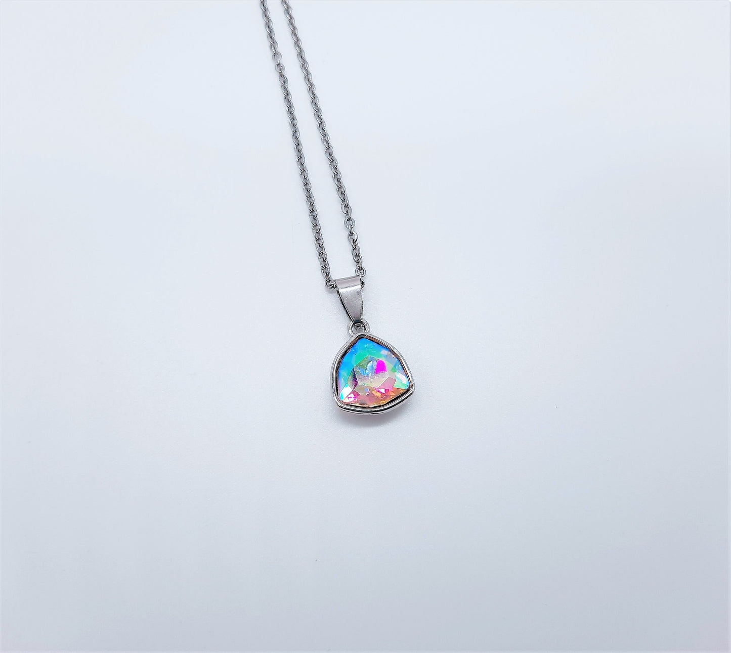 Handcrafted Multifaceted Rainbow Aurora Borealis Triangle Pendant Necklace - Silver Stainless Steel 18" Chain & Bail - Hypoallergenic