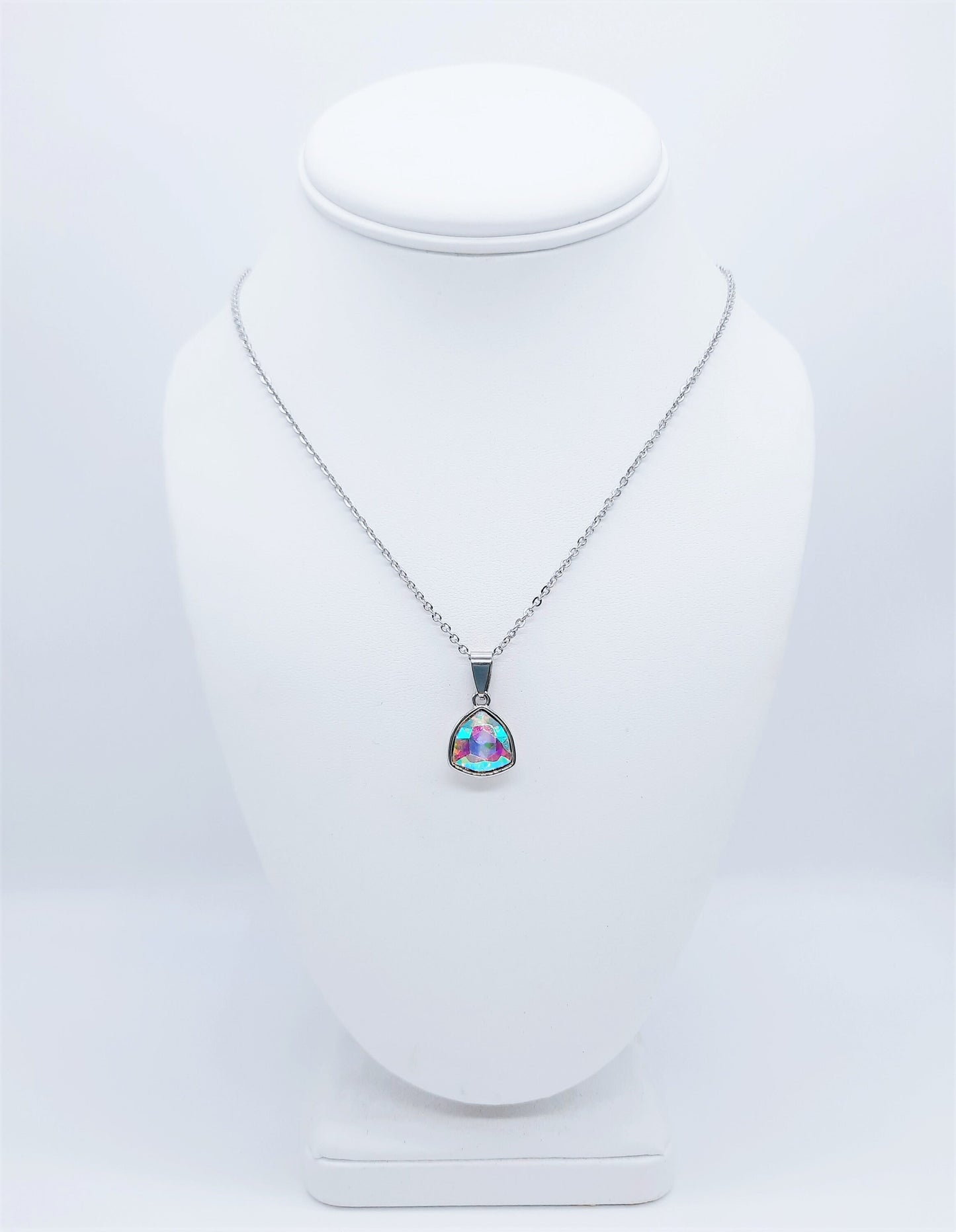 Handcrafted Multifaceted Rainbow Aurora Borealis Triangle Pendant Necklace - Silver Stainless Steel 18" Chain & Bail - Hypoallergenic