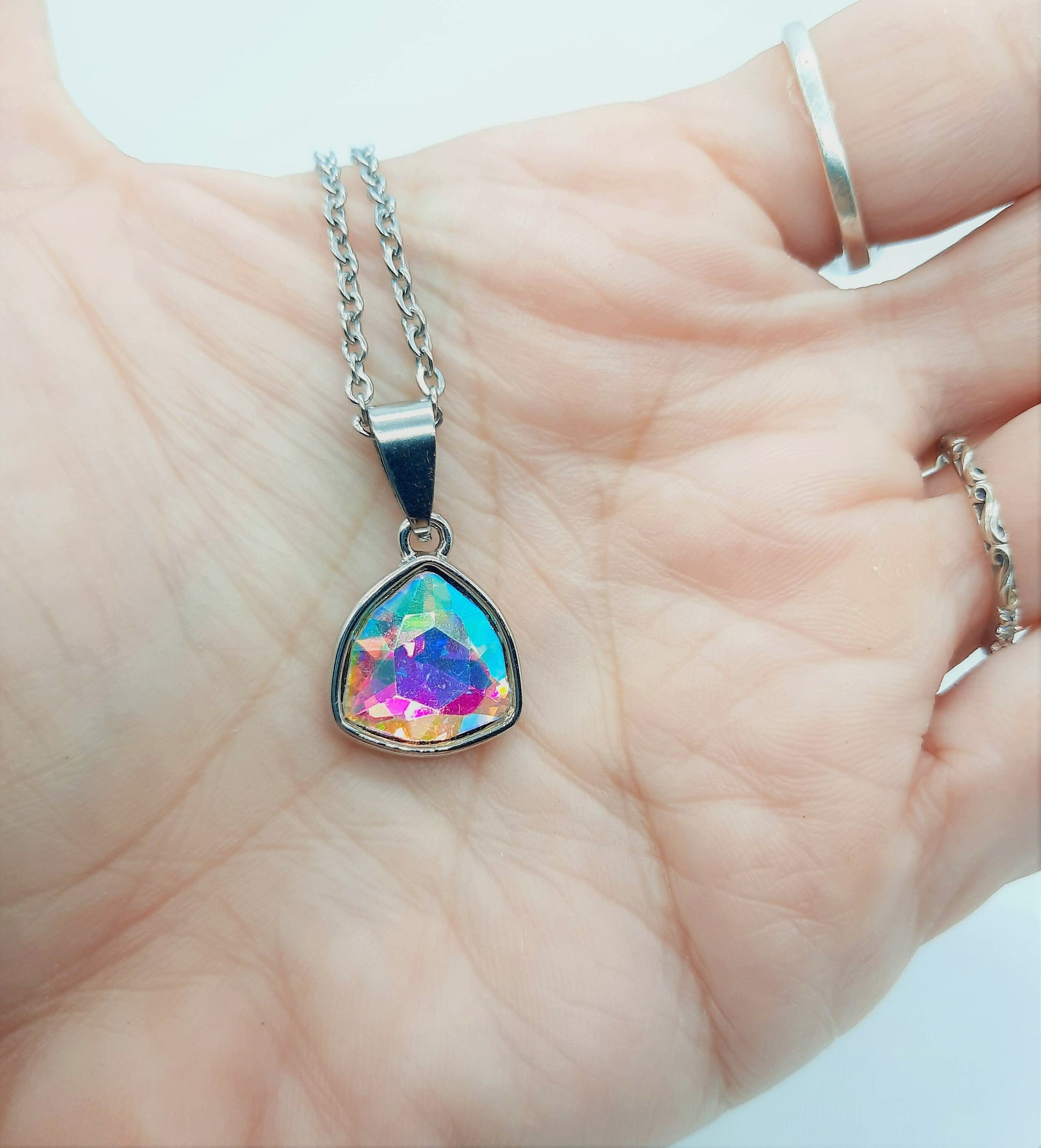 Handcrafted Multifaceted Rainbow Aurora Borealis Triangle Pendant Necklace - Silver Stainless Steel 18" Chain & Bail - Hypoallergenic