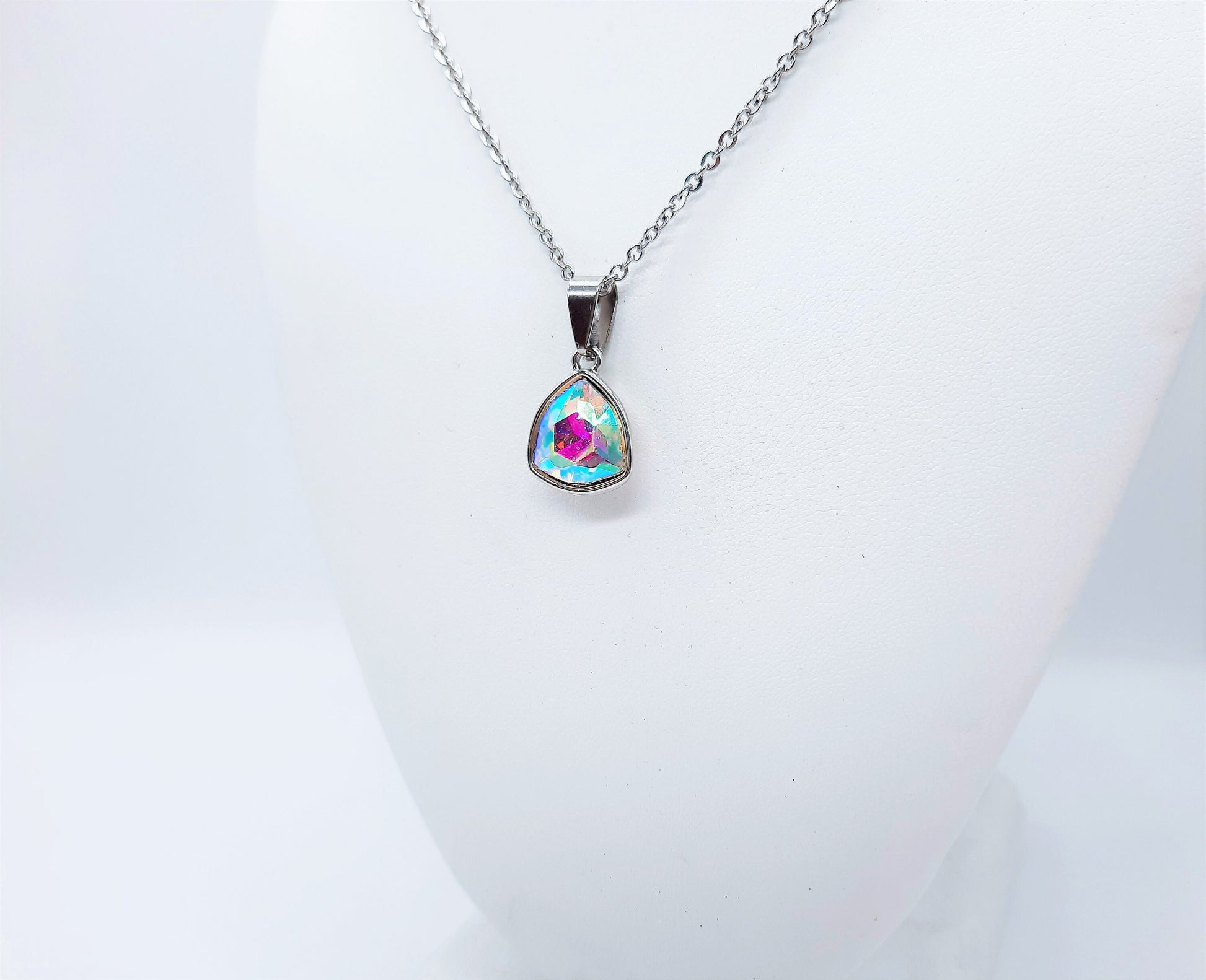 Handcrafted Multifaceted Rainbow Aurora Borealis Triangle Pendant Necklace - Silver Stainless Steel 18" Chain & Bail - Hypoallergenic