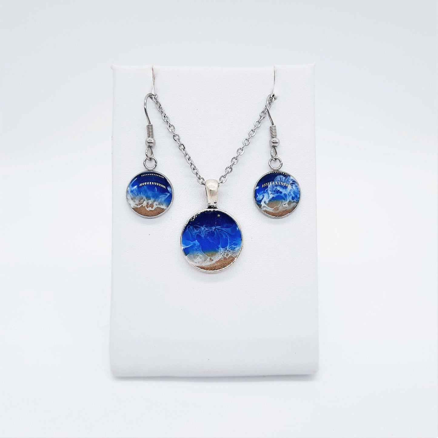 Resin Waves / Ocean Round Earrings & Necklace Set / Ocean Jewelry / Beach Scene / Made w/ Sand, Resin, Mica, Hypoallergenic Stainless Steel