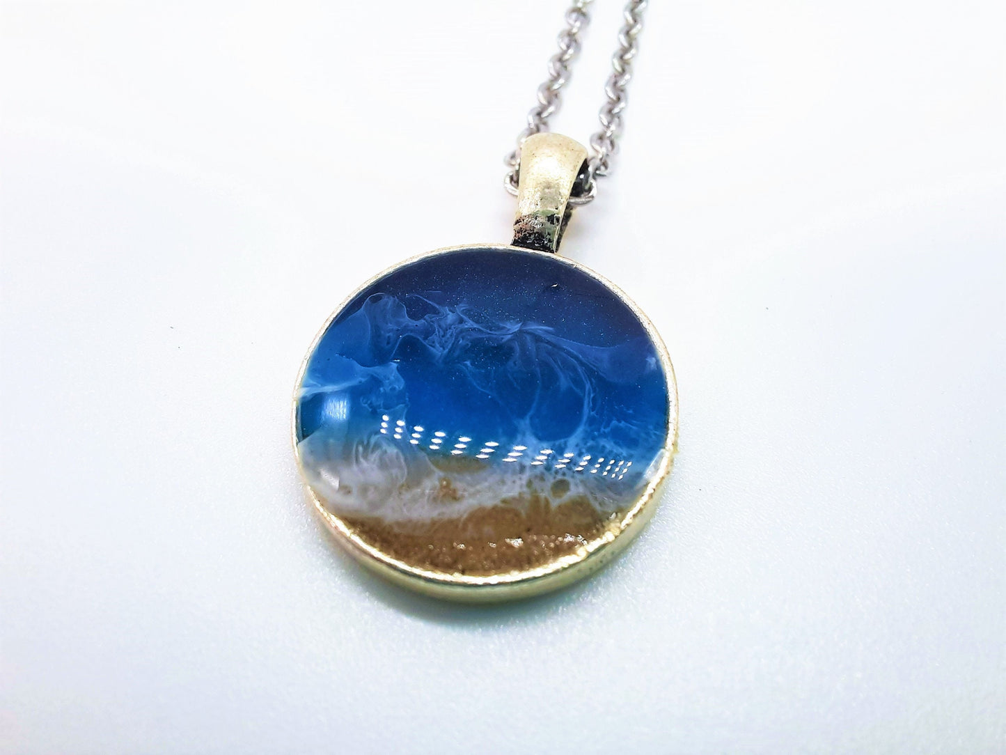 Resin Waves Small Round Shaped Ocean Pendant / Beach Scene Necklace, Handmade with Resin & Real Sand - One of a Kind - Not a Photograph!