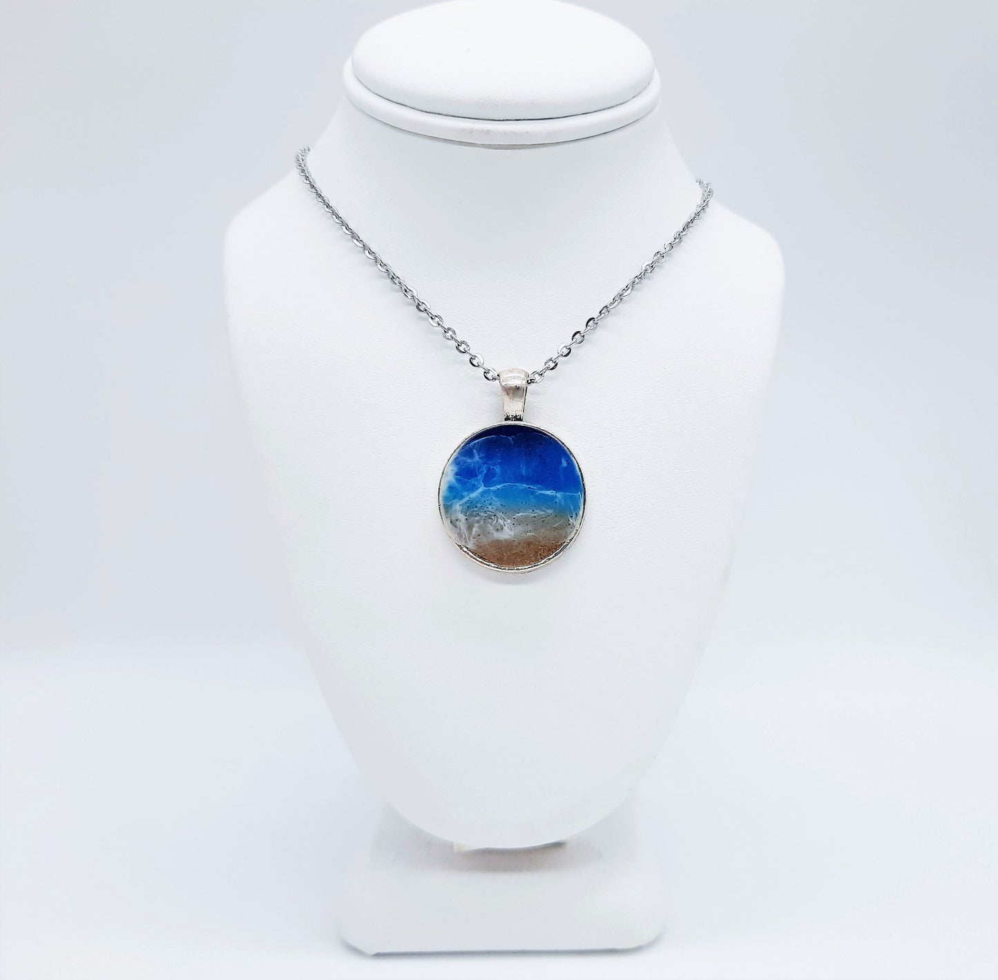 Resin Waves Medium Round Shaped Ocean Pendant / Beach Scene Necklace, Handmade with Resin & Real Sand - One of a Kind - Not a Photograph!