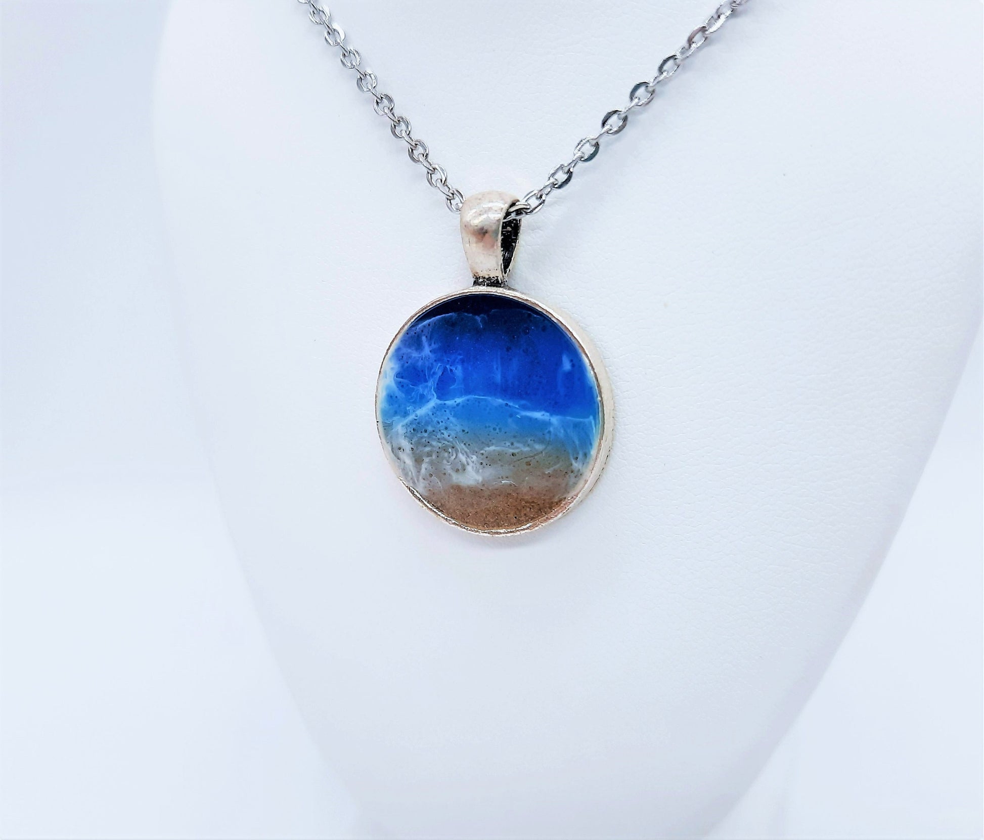 Resin Waves Medium Round Shaped Ocean Pendant / Beach Scene Necklace, Handmade with Resin & Real Sand - One of a Kind - Not a Photograph!