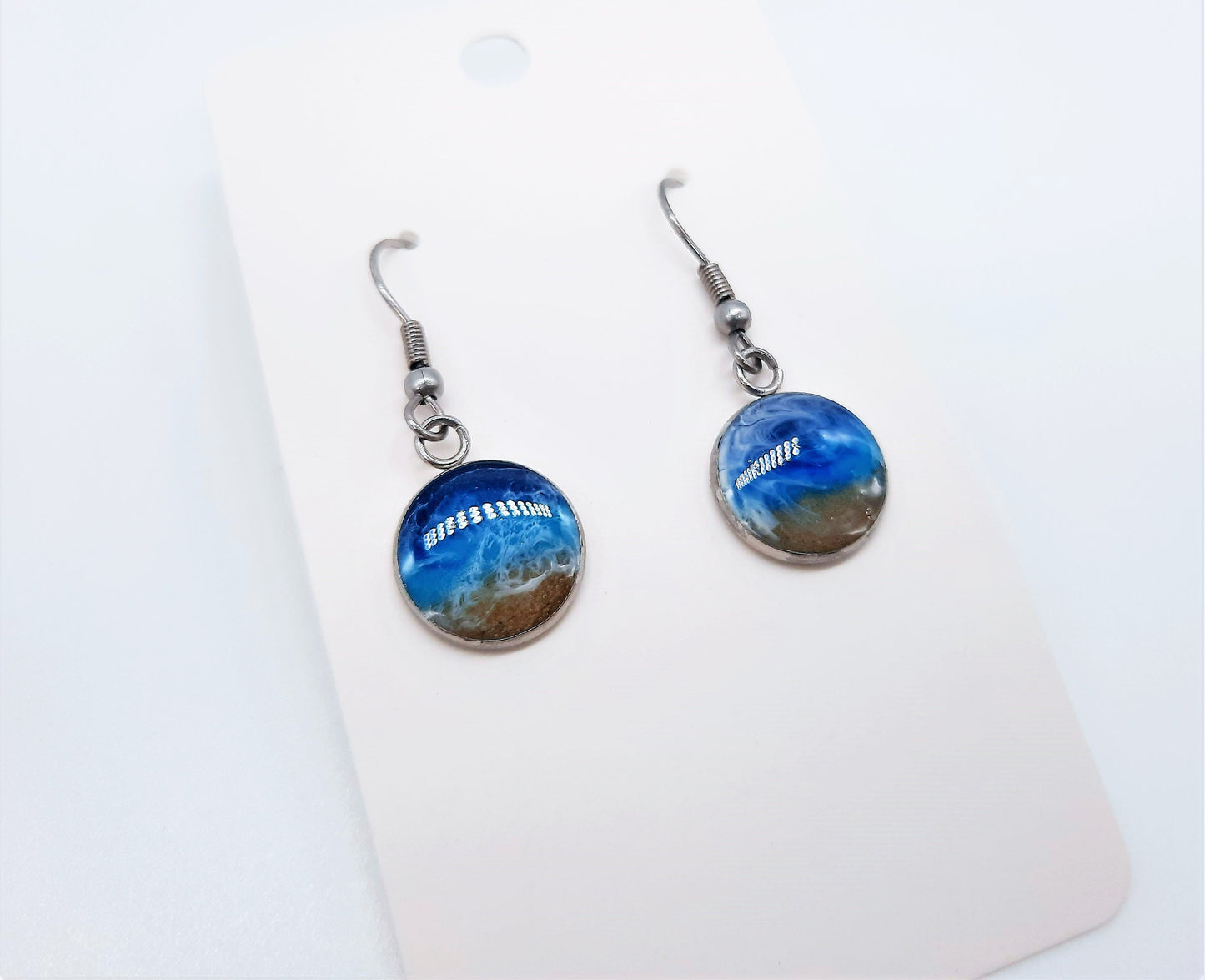 Resin Waves / Ocean Round Earrings & Necklace Set / Ocean Jewelry / Beach Scene / Made w/ Sand, Resin, Mica, Hypoallergenic Stainless Steel