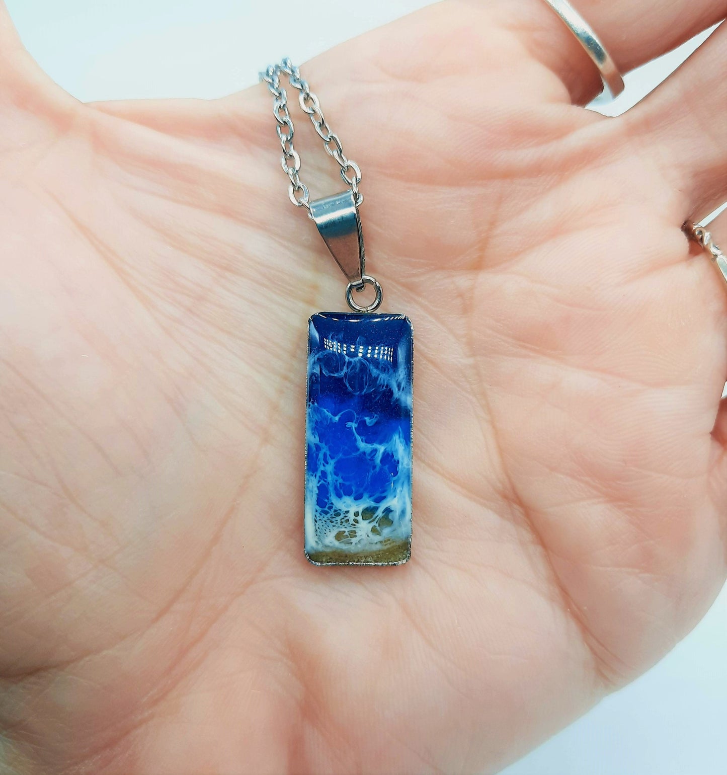 Resin Waves Rectangle Shaped Ocean Pendant / Beach Scene Necklace, Handmade Made with Resin & Real Sand - One of a Kind - Not a Photograph!