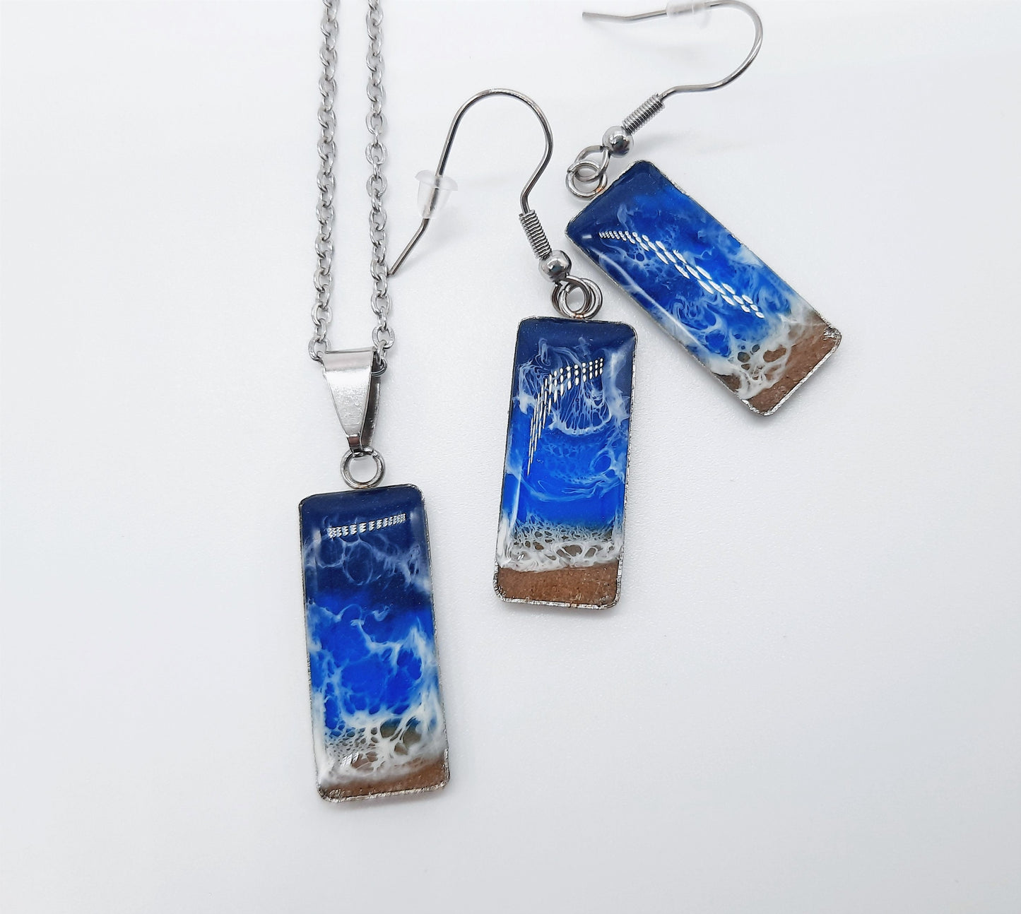 Real Sand Resin Waves Rectangle  Earrings / Ocean Earrings / Beach Scene / Seascape Earrings / Made w/ Sand, Resin, Mica, & Stainless Steel