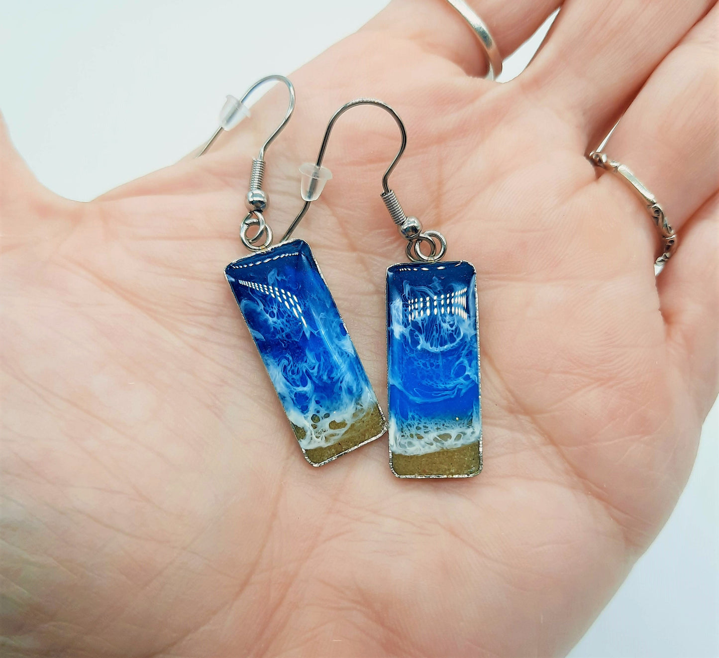 Real Sand Resin Waves Rectangle  Earrings / Ocean Earrings / Beach Scene / Seascape Earrings / Made w/ Sand, Resin, Mica, & Stainless Steel