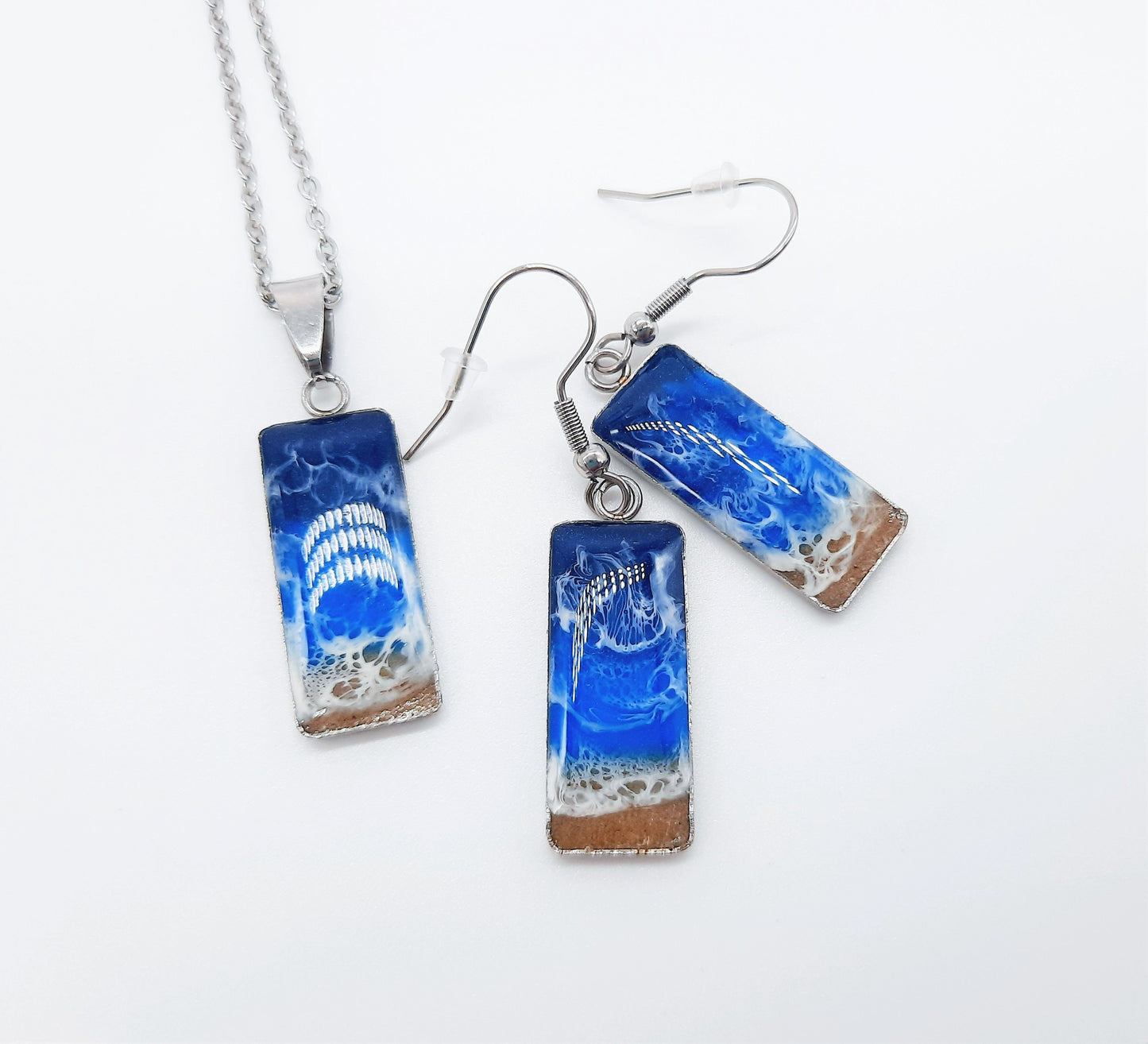 Resin Waves Rectangle Ocean Earrings & Necklace Set / Ocean Jewelry / Beach Scene / Made w/ Sand, Resin, Mica, Hypoallergenic Steel