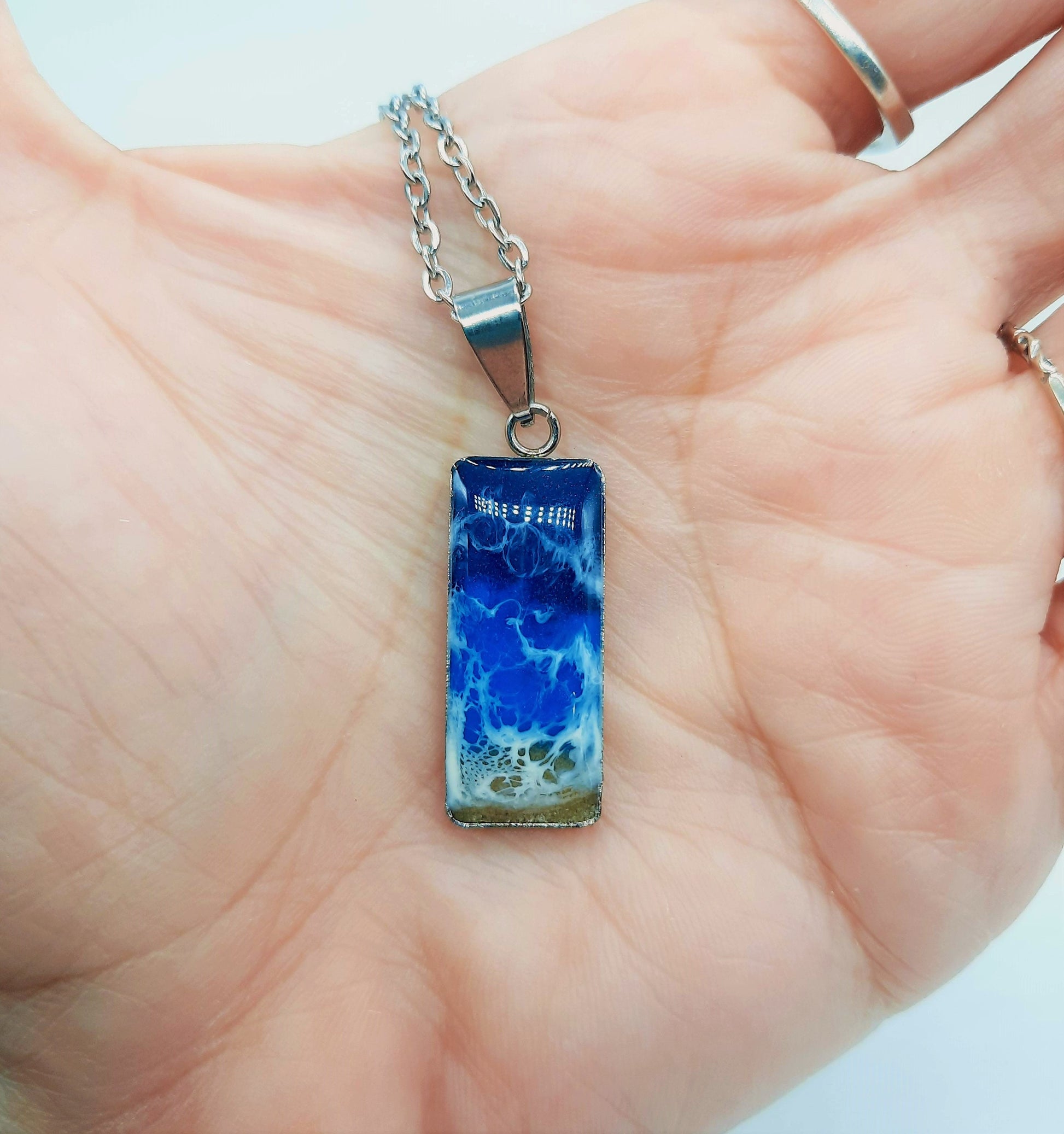 Resin Waves Rectangle Ocean Earrings & Necklace Set / Ocean Jewelry / Beach Scene / Made w/ Sand, Resin, Mica, Hypoallergenic Steel