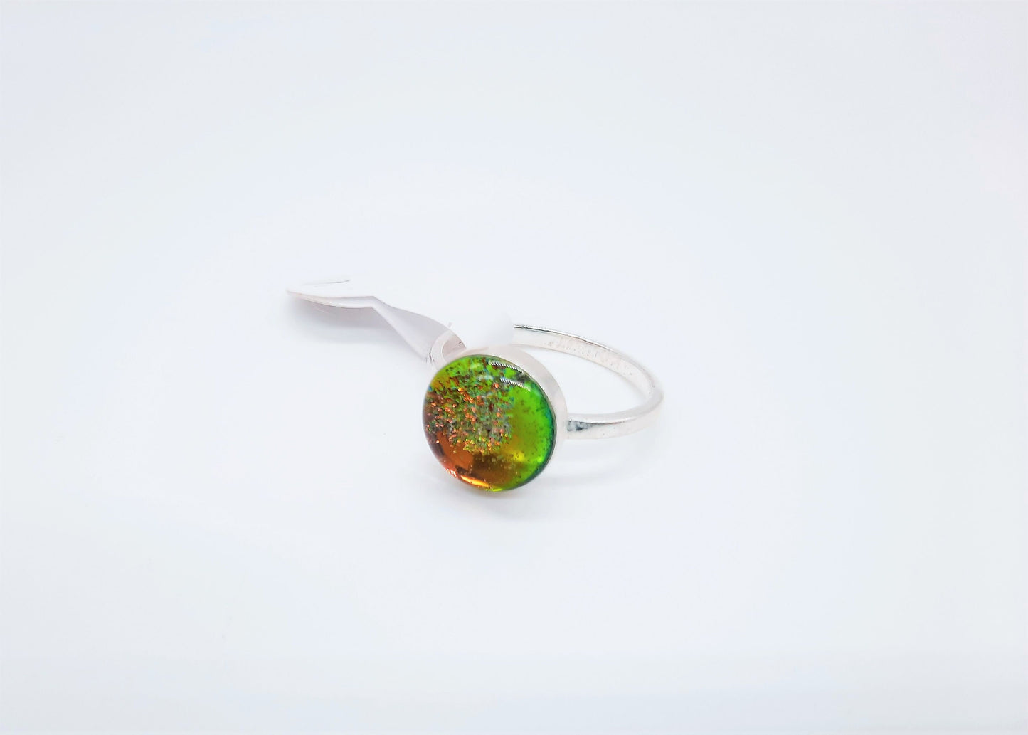 Handcrafted 925 Sterling Silver Reflective Iridescent Gold / Red / Yellow / Green Mirror Ball Ring, Sealed with Holographic Infused Resin