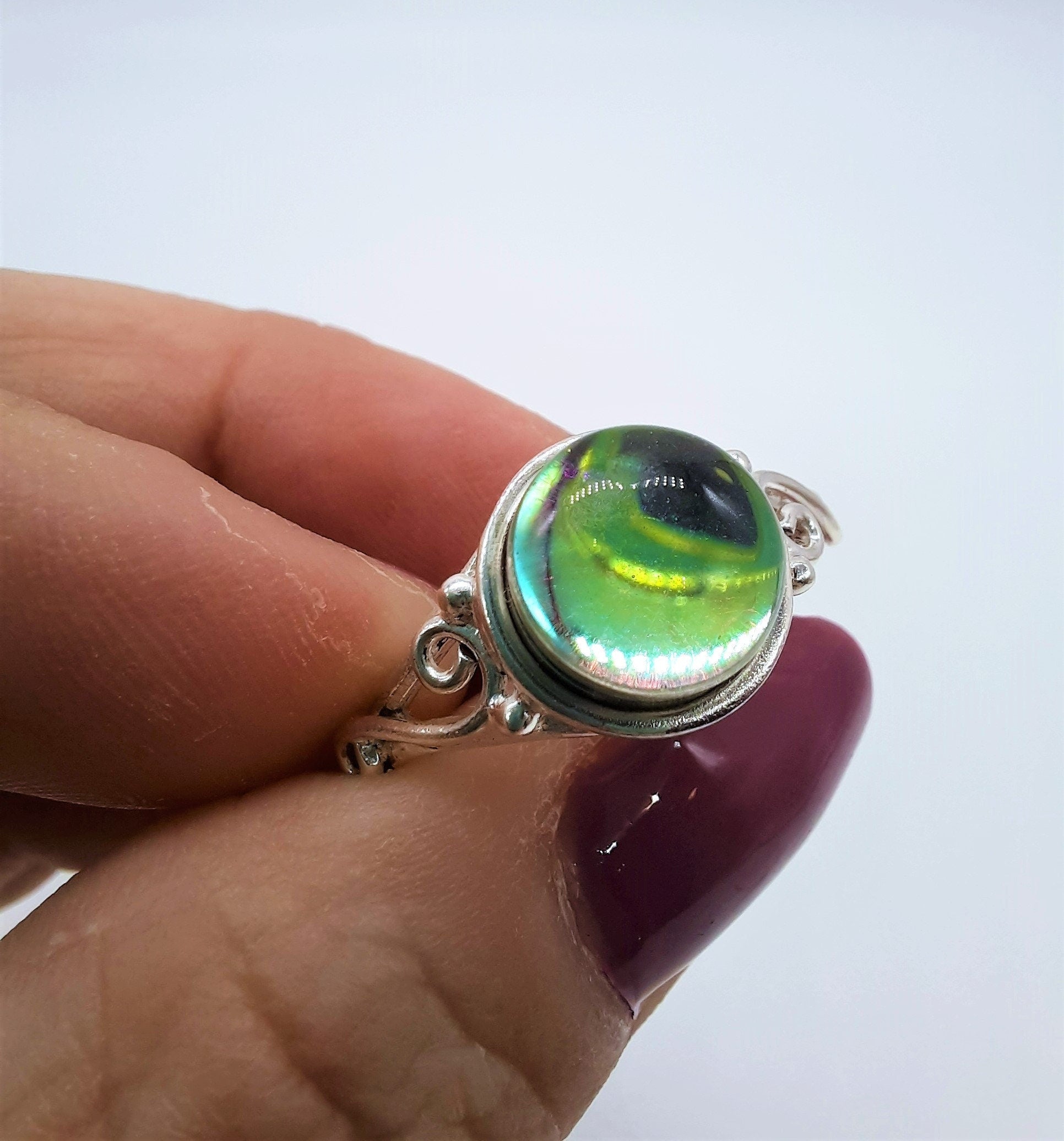 Handcrafted 925 Sterling Silver Reflective Iridescent Rainbow/ Pink / Blue / Green Mirror Ball Ring, Domed w/ Holographic Infused Resin