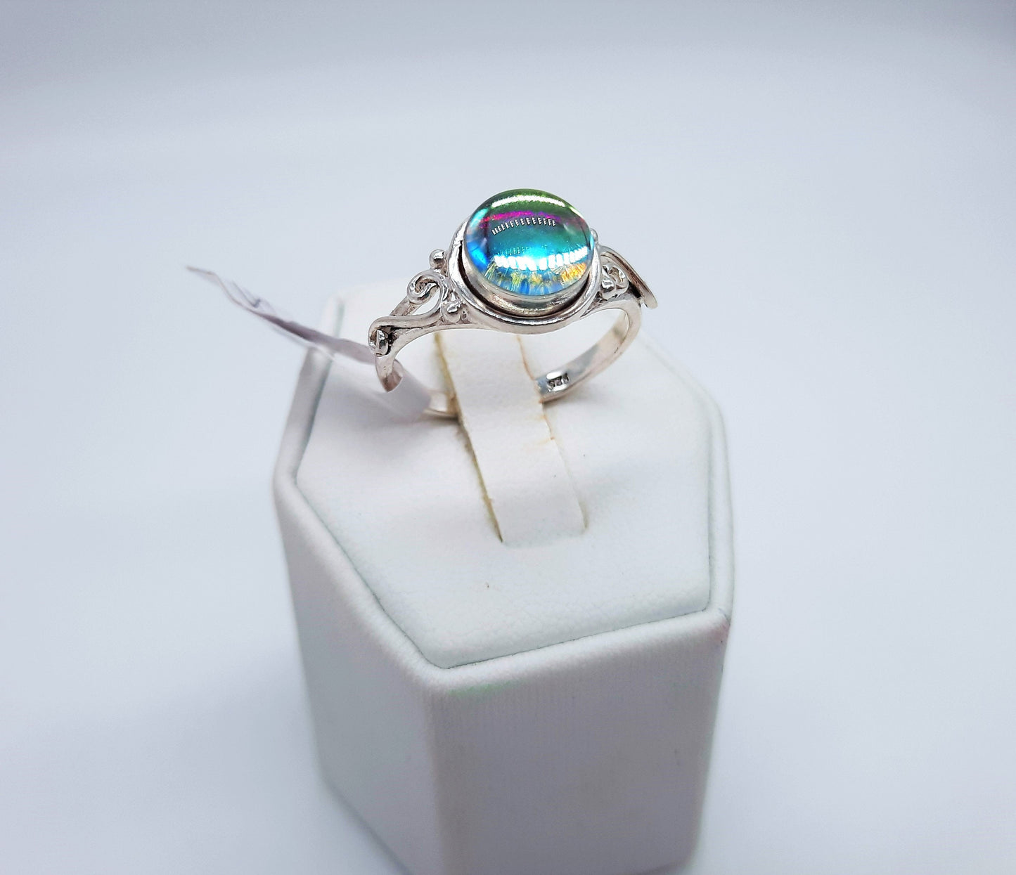 Handcrafted 925 Sterling Silver Reflective Iridescent Rainbow/ Pink / Blue / Green Mirror Ball Ring, Domed w/ Holographic Infused Resin