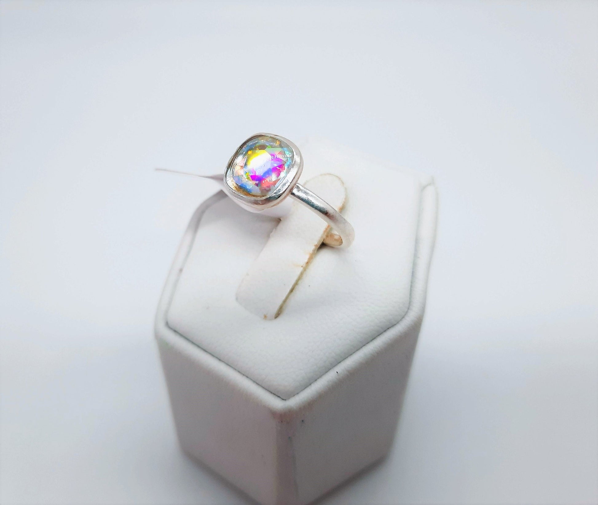 Handcrafted / Handmade Square Design 925 Sterling Silver Iridescent Multifaceted Aurora Borealis Ring, Domed w/ Holographic Infused Resin