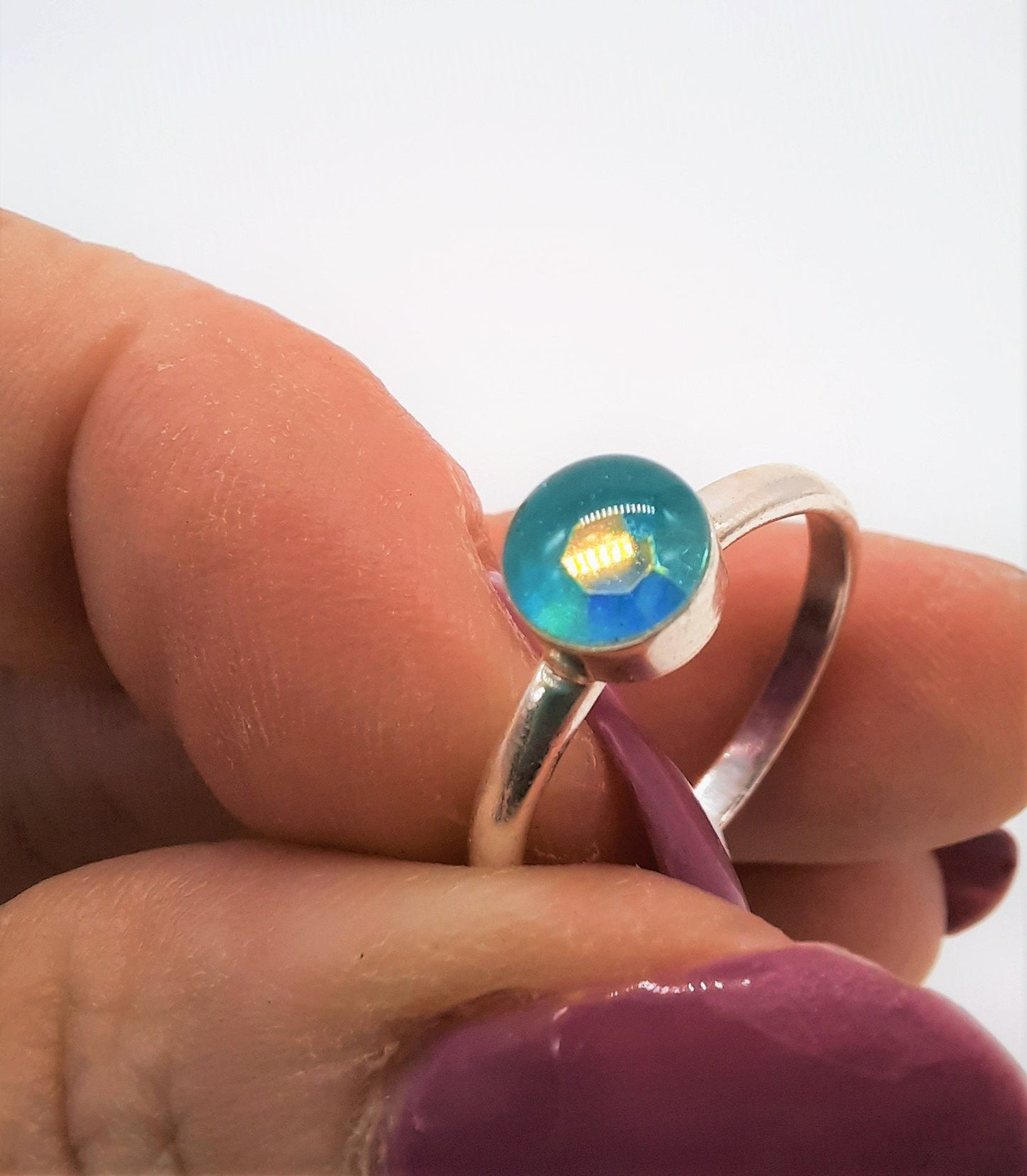 Handcrafted / Handmade 925 Sterling Silver Ring, Made with Teal Blue Crystal Rhinestone, Mica, Glitter, and Holographic Powder Infused Resin