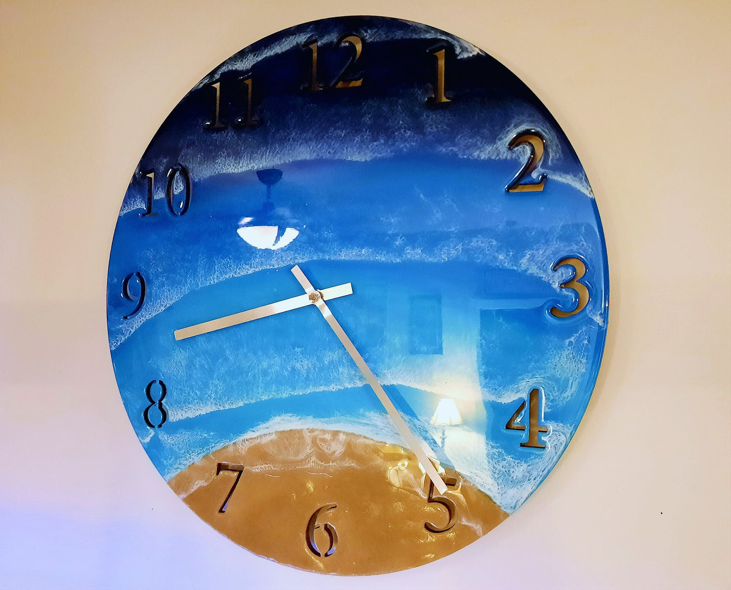 Wall Clock - Handpainted/Handpoured Eco-Friendly Epoxy Resin Seascape Coastal Ocean Beach Scene, Painted on a 20" Wood, Made with Real Sand