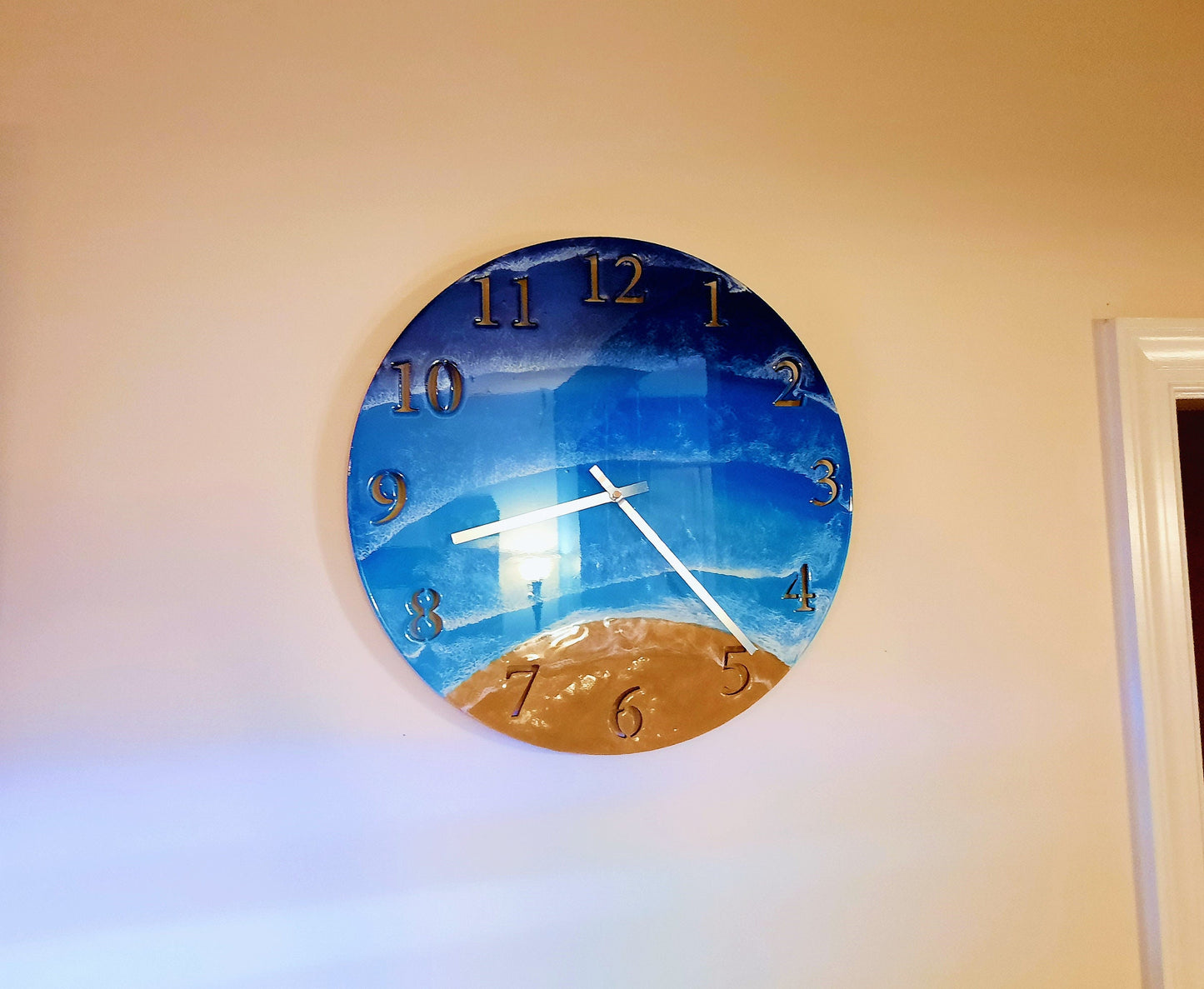 Wall Clock - Handpainted/Handpoured Eco-Friendly Epoxy Resin Seascape Coastal Ocean Beach Scene, Painted on a 20" Wood, Made with Real Sand