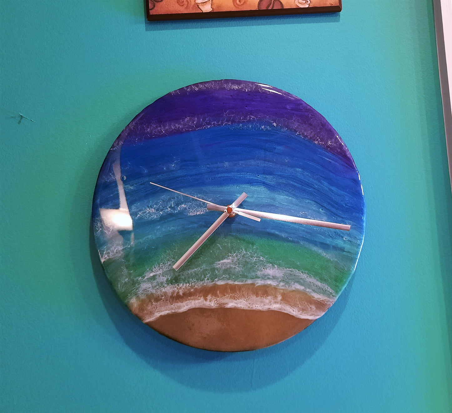 Handpainted Eco-Friendly Epoxy Resin Seascape Coastal Beach Scene, Painted on a 12" Vinyl Record, Made into a Wall Clock, Made w/ Real Sand