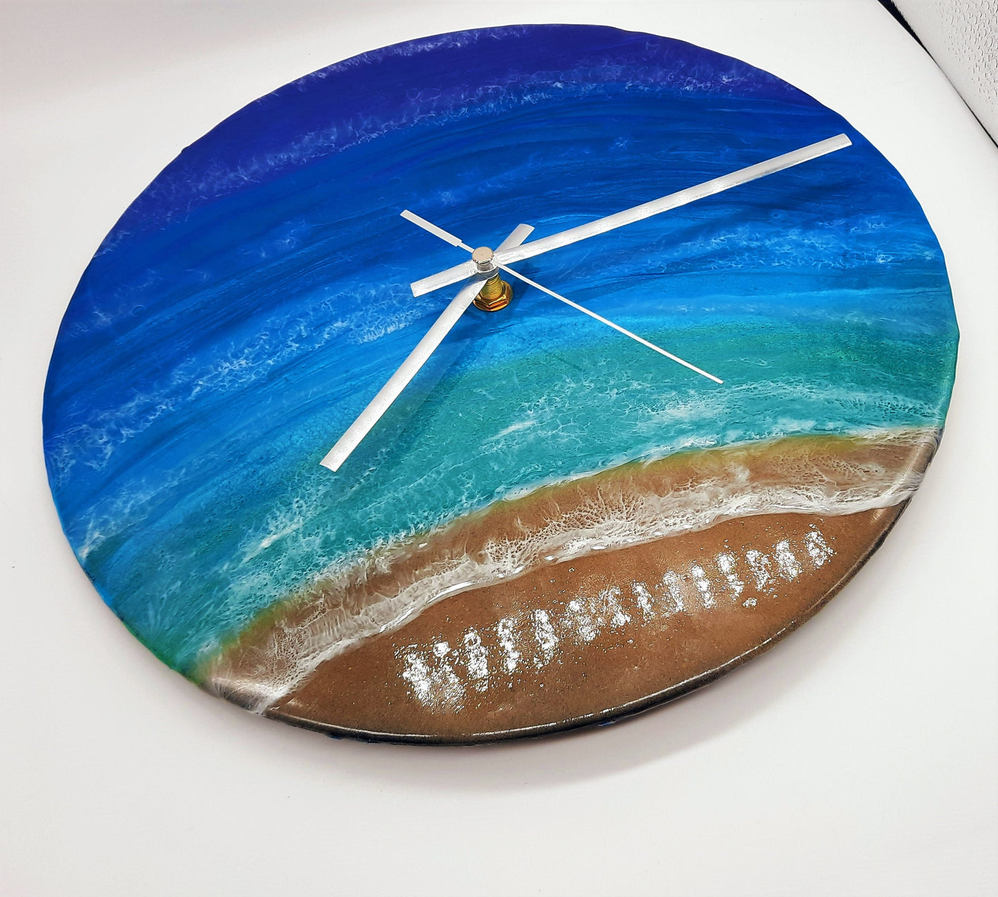 Handpainted Eco-Friendly Epoxy Resin Seascape Coastal Beach Scene, Painted on a 12" Vinyl Record, Made into a Wall Clock, Made w/ Real Sand