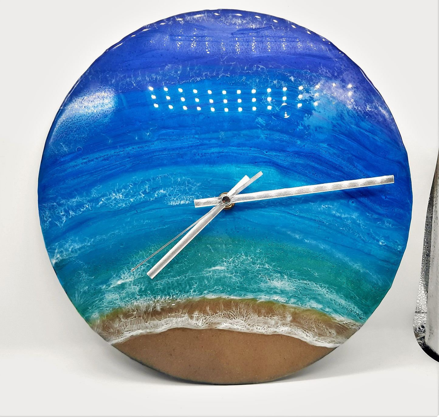 Handpainted Eco-Friendly Epoxy Resin Seascape Coastal Beach Scene, Painted on a 12" Vinyl Record, Made into a Wall Clock, Made w/ Real Sand