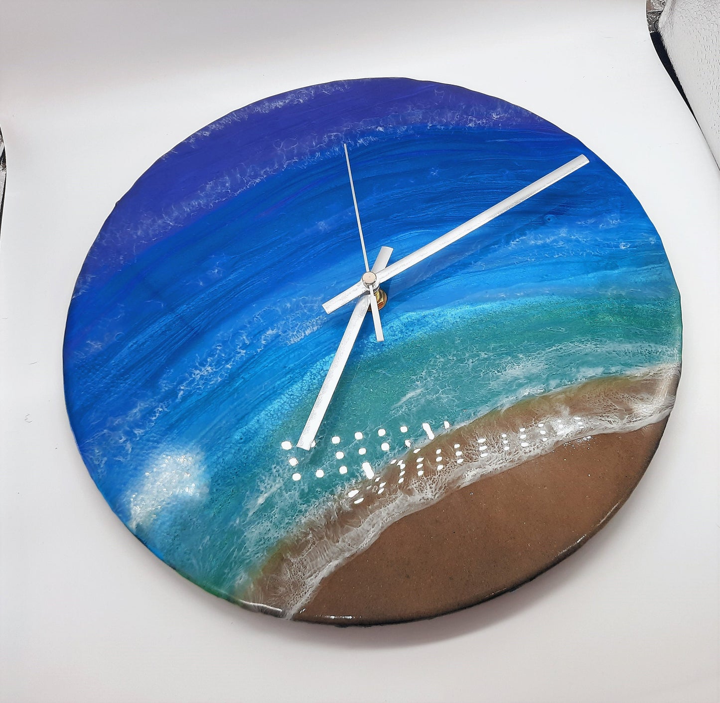 Handpainted Eco-Friendly Epoxy Resin Seascape Coastal Beach Scene, Painted on a 12" Vinyl Record, Made into a Wall Clock, Made w/ Real Sand