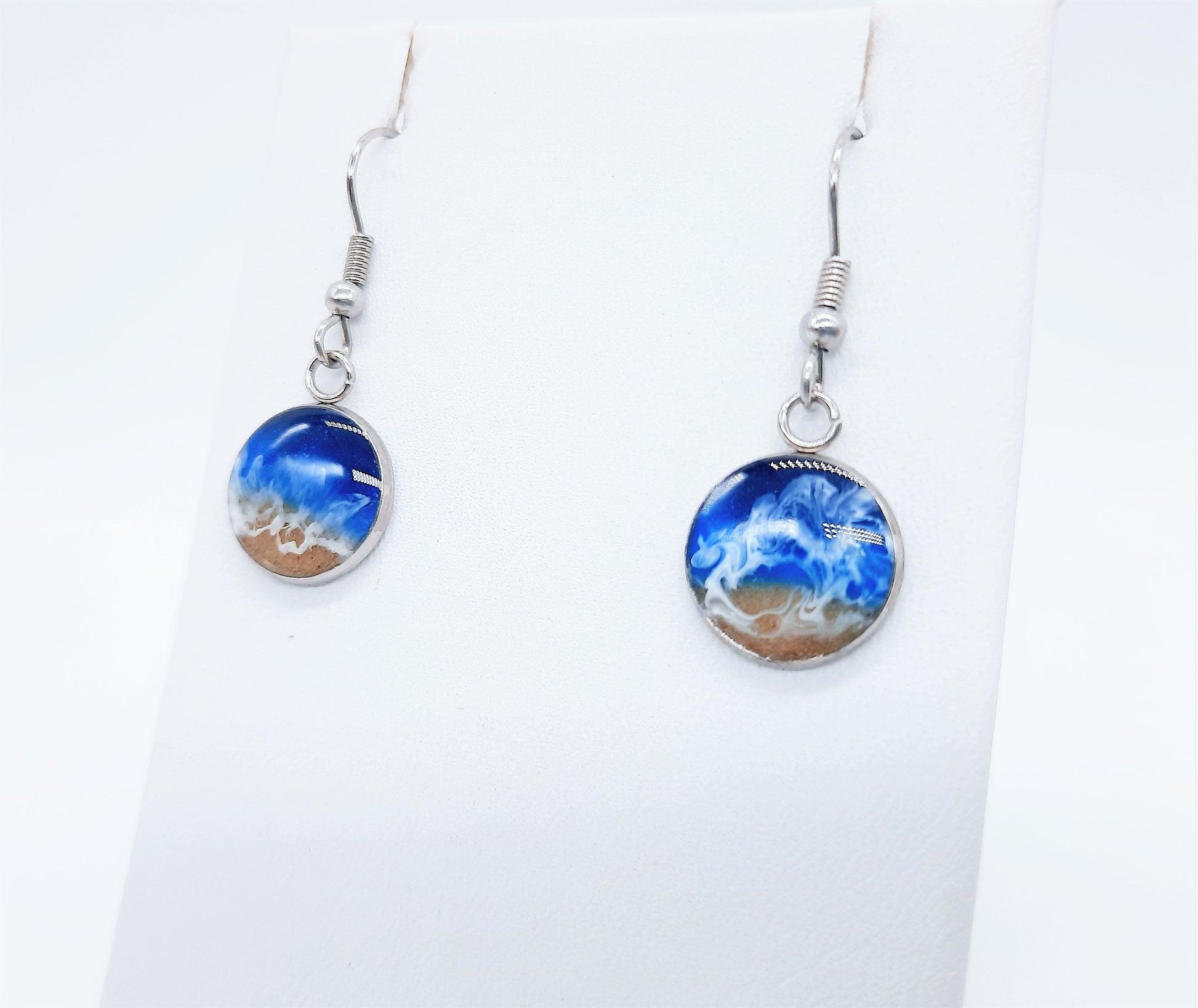 Resin Waves / Ocean Round Earrings & Necklace Set / Ocean Jewelry / Beach Scene / Made w/ Sand, Resin, Mica, Hypoallergenic Stainless Steel