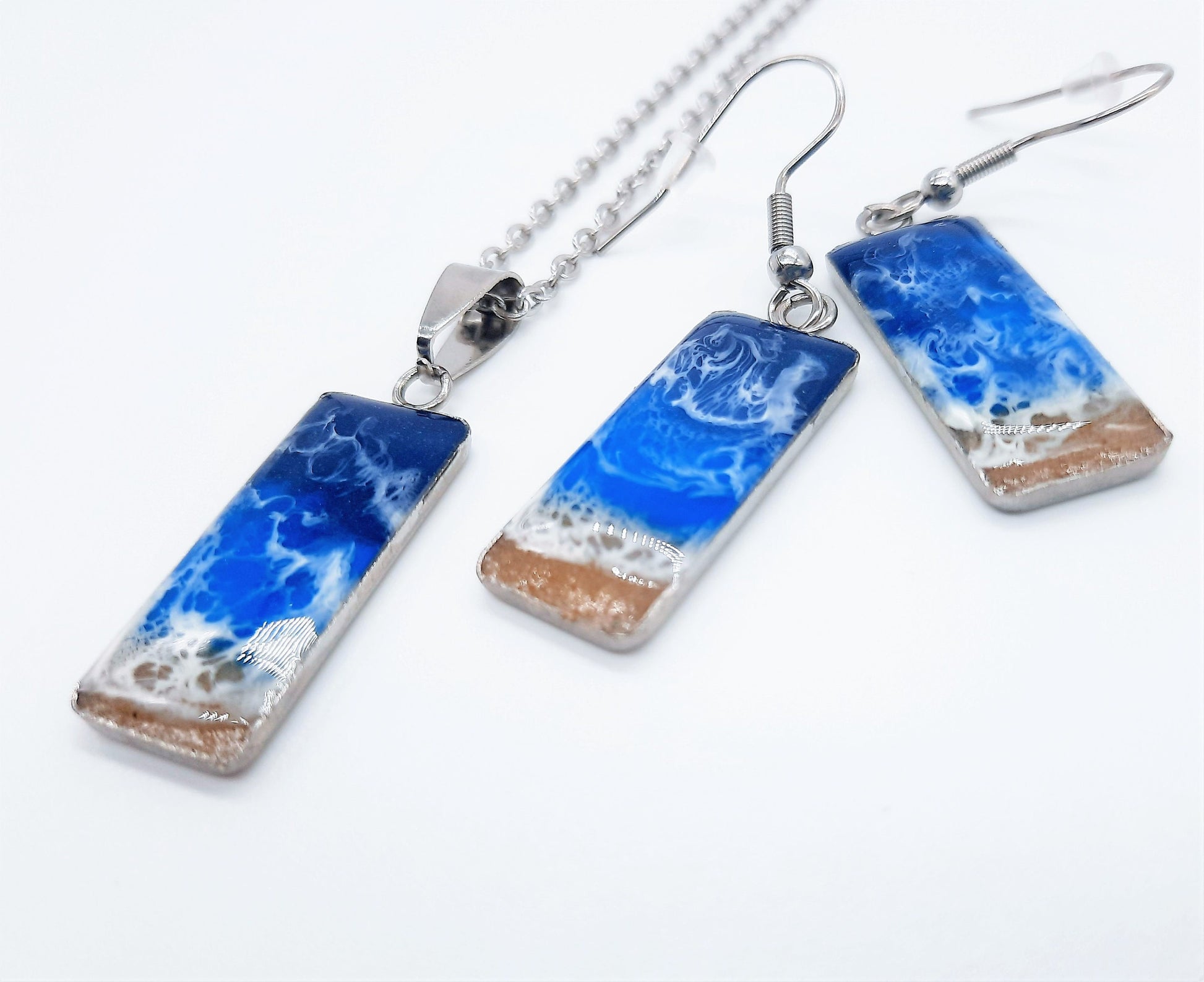 Resin Waves Rectangle Ocean Earrings & Necklace Set / Ocean Jewelry / Beach Scene / Made w/ Sand, Resin, Mica, Hypoallergenic Steel