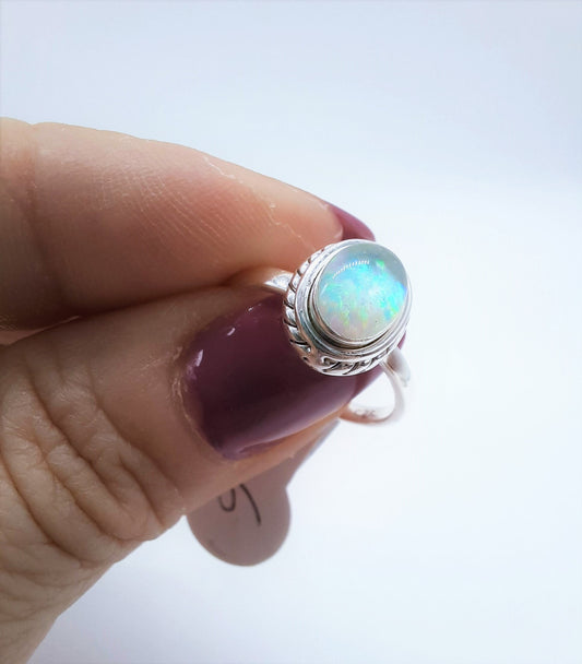 Handcrafted / Handmade Antiqued 925 Sterling Silver Ring, Twisted Rope Design, Genuine White Fire Opal Setting, Domed with Holographic Resin