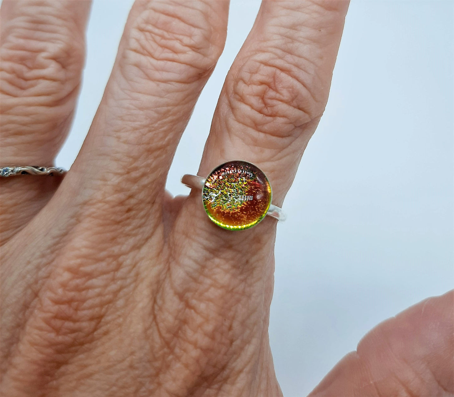 Handcrafted 925 Sterling Silver Reflective Iridescent Gold / Red / Yellow / Green Mirror Ball Ring, Sealed with Holographic Infused Resin