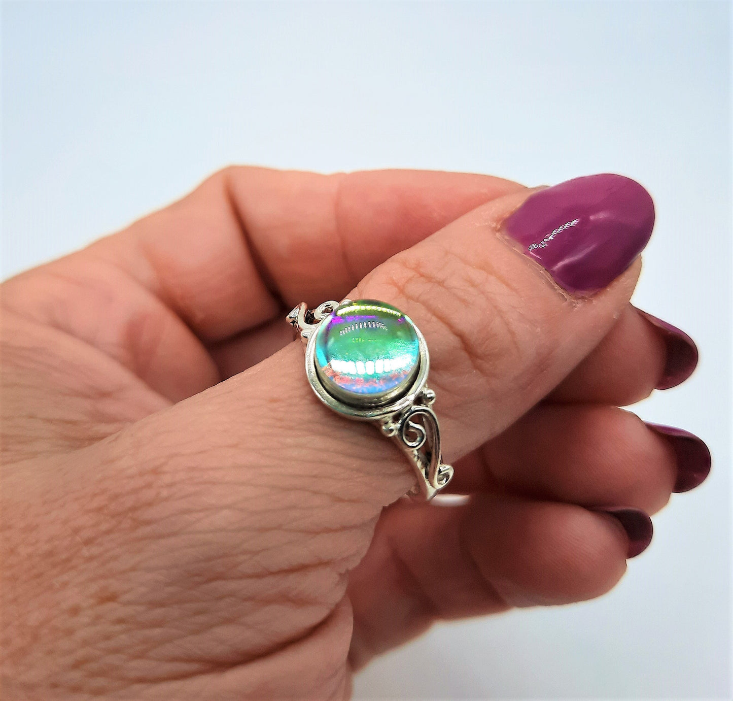 Handcrafted 925 Sterling Silver Reflective Iridescent Rainbow/ Pink / Blue / Green Mirror Ball Ring, Domed w/ Holographic Infused Resin