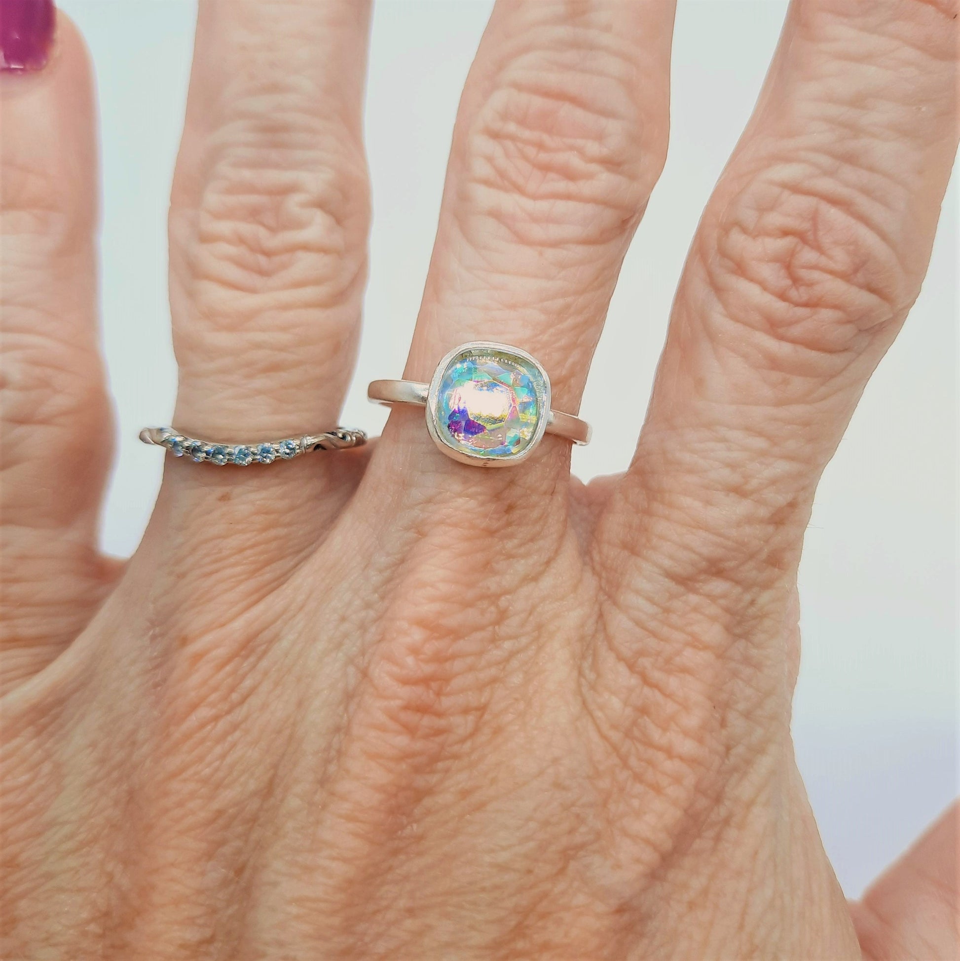 Handcrafted / Handmade Square Design 925 Sterling Silver Iridescent Multifaceted Aurora Borealis Ring, Domed w/ Holographic Infused Resin