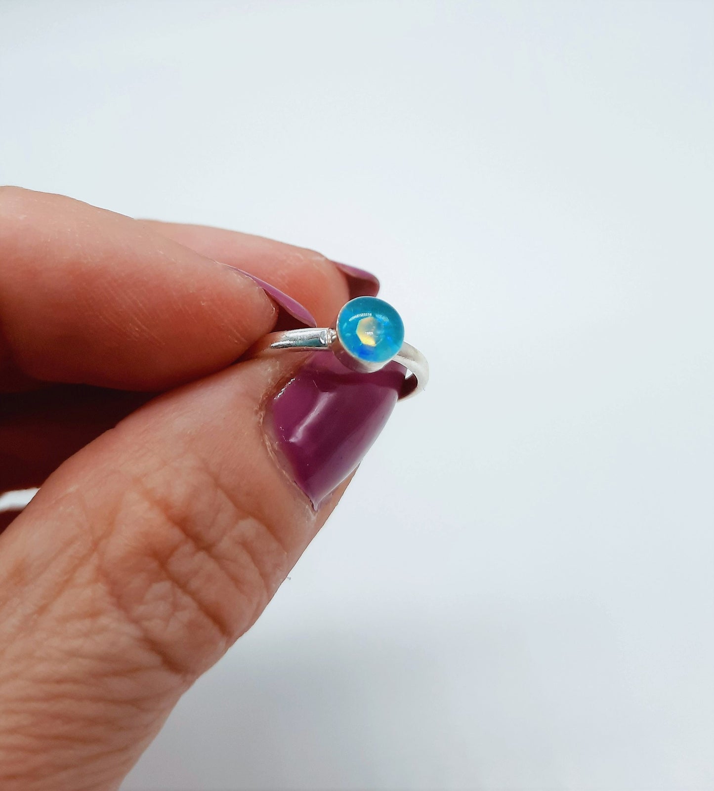 Handcrafted / Handmade 925 Sterling Silver Ring, Made with Teal Blue Crystal Rhinestone, Mica, Glitter, and Holographic Powder Infused Resin