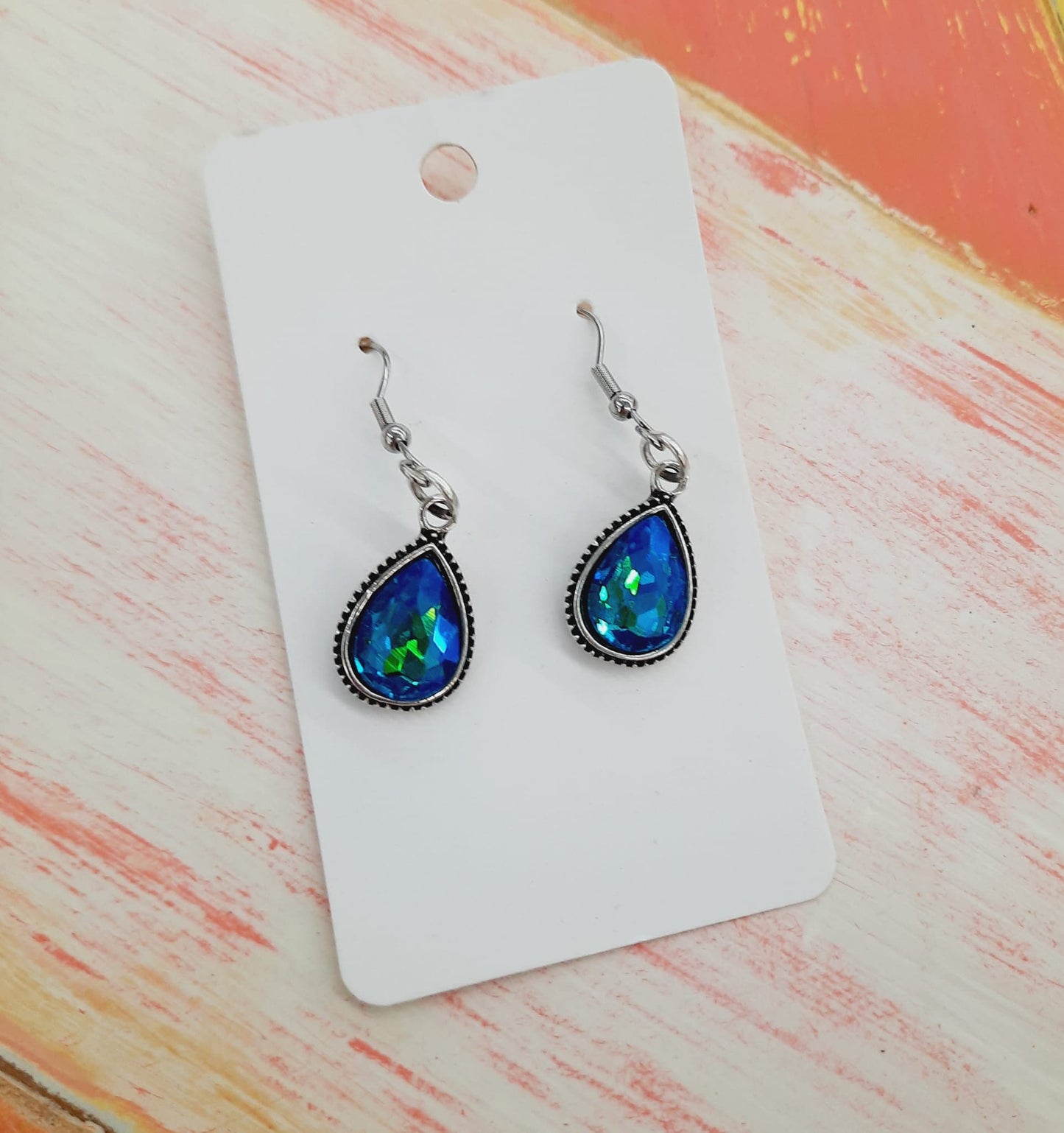 Handmade / Handcrafted Antiqued Silver Teal Blue Rhinestone Teardrop Pendant Earrings - Hypoallergenic Stainless Steel Ear Wire Hooks