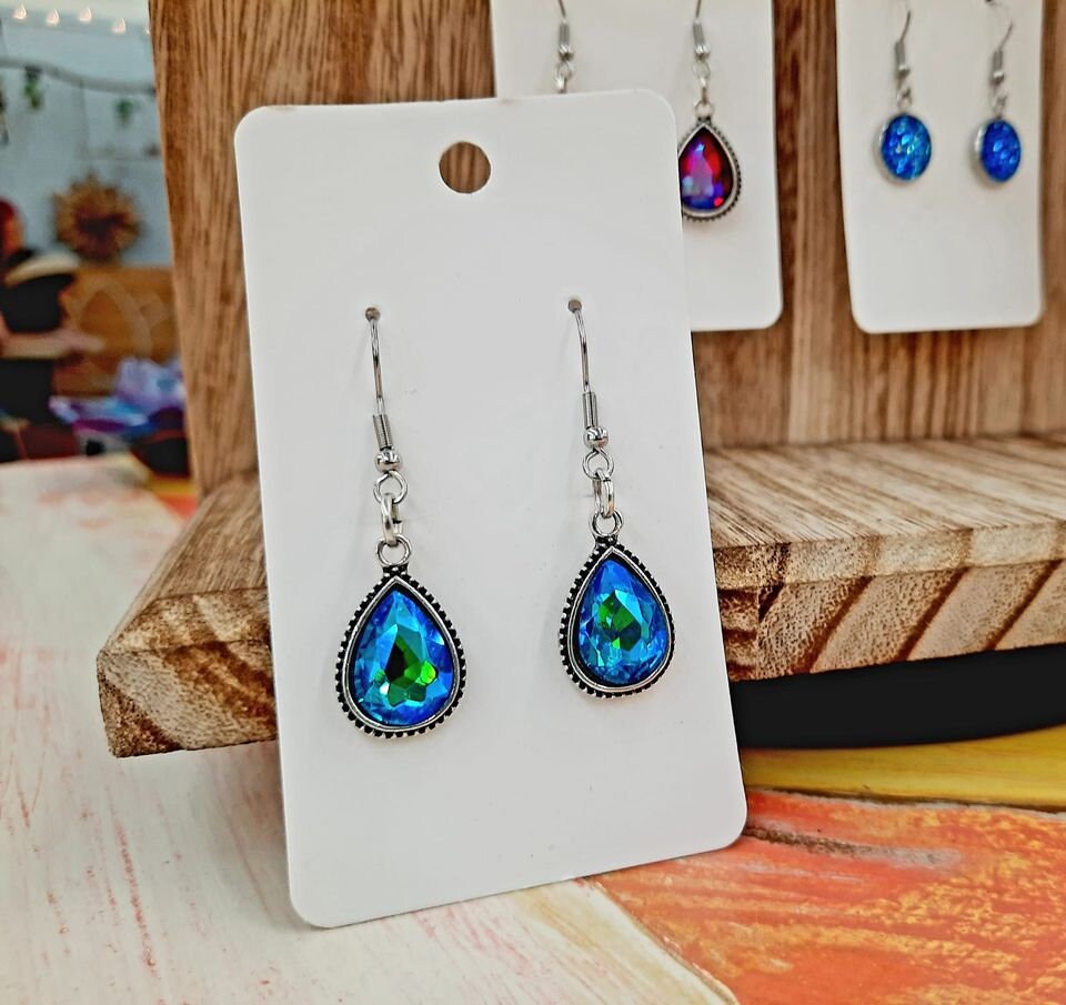 Handmade / Handcrafted Antiqued Silver Teal Blue Rhinestone Teardrop Pendant Earrings - Hypoallergenic Stainless Steel Ear Wire Hooks