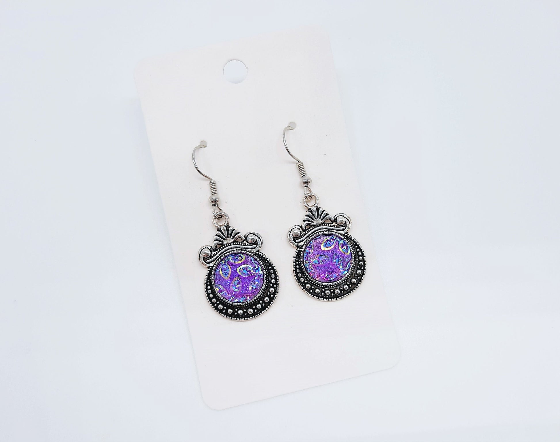 Iridescent Purple Glittery Sparkle Resin Earrings / Antique Tibetan Look / Made with Hypo-allergenic Stainless Steel Hooks