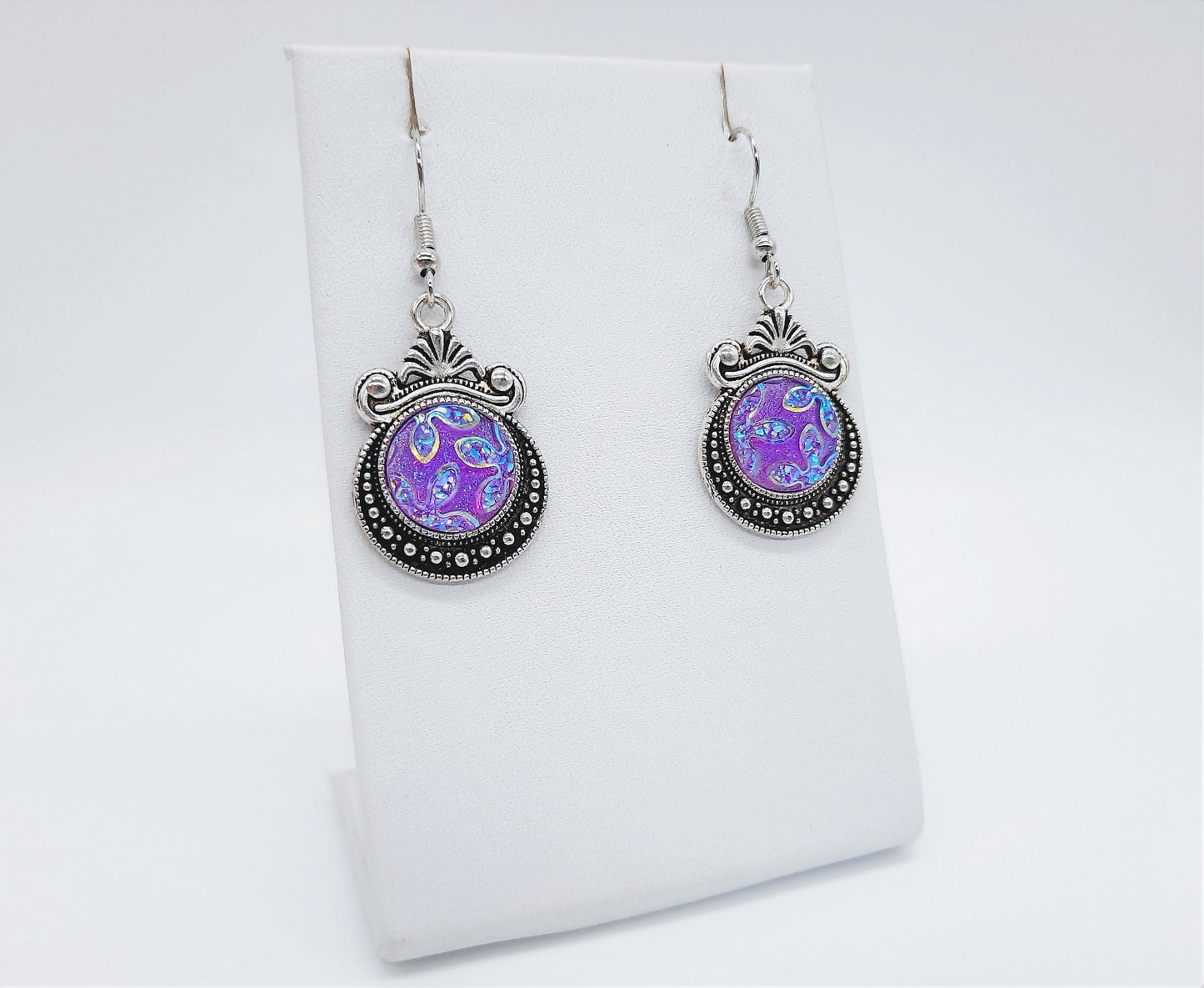 Iridescent Purple Glittery Sparkle Resin Earrings / Antique Tibetan Look / Made with Hypo-allergenic Stainless Steel Hooks