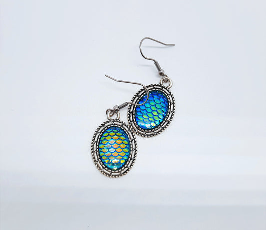 Blue Iridescent Oval Mermaid Scale / Dragon Scale / Fish Scale Earrings / Antique Tibetan Look / Made with Hypoallergenic Stainless Steel