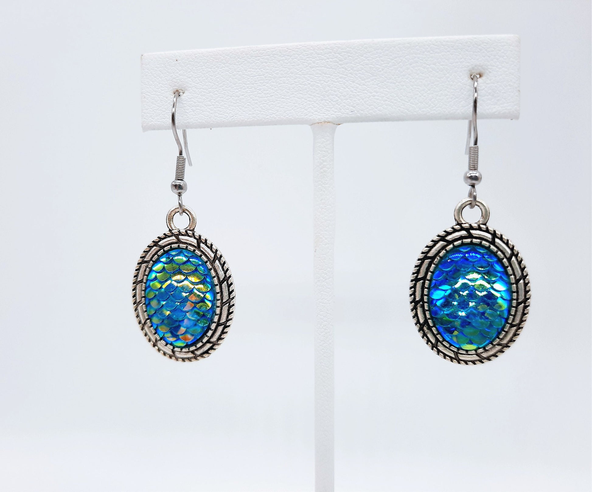 Blue Iridescent Oval Mermaid Scale / Dragon Scale / Fish Scale Earrings / Antique Tibetan Look / Made with Hypoallergenic Stainless Steel