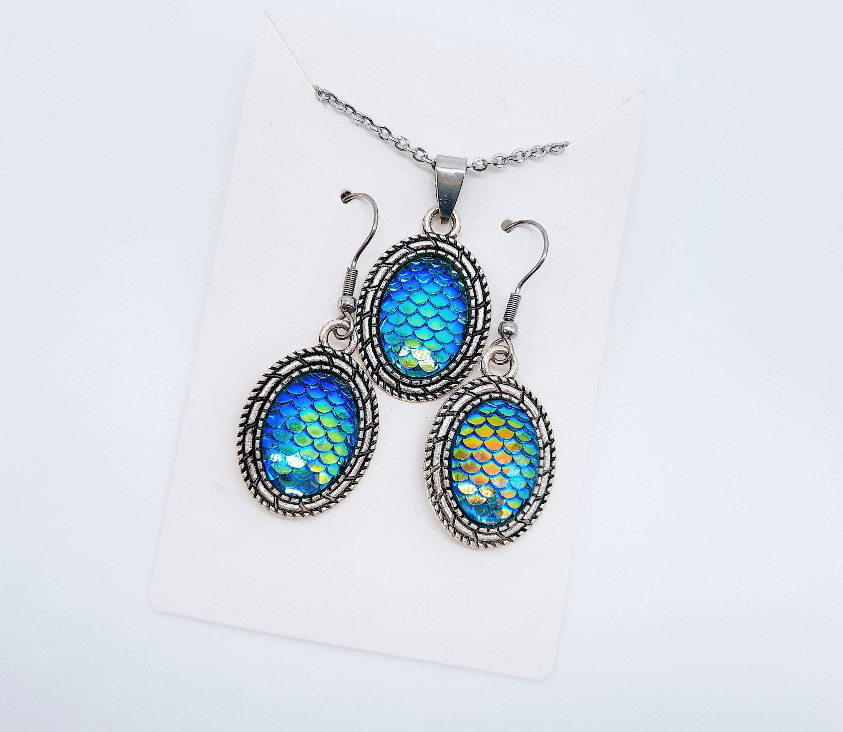 Dragon Scale Necklace Earring Set in Silver or Bronze & 12 Colors Dragon  Egg Mermaid Scale Pendant Charm 18 in Chain - Etsy