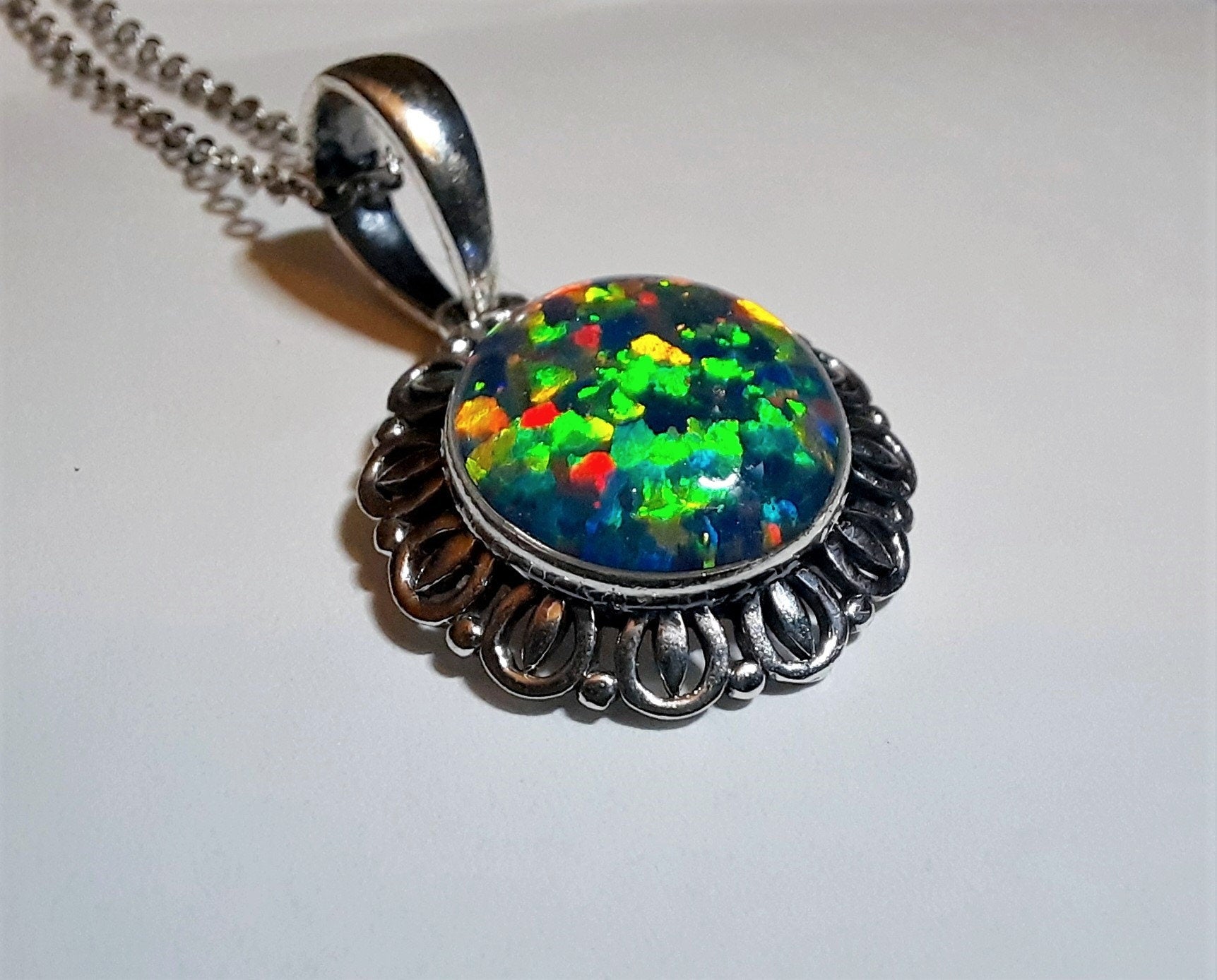 Handcrafted Iridescent Multicolored Opal Pendant Necklace - Intricate Design - Made with 925 Sterling Silver - Domed with Holographic Resin