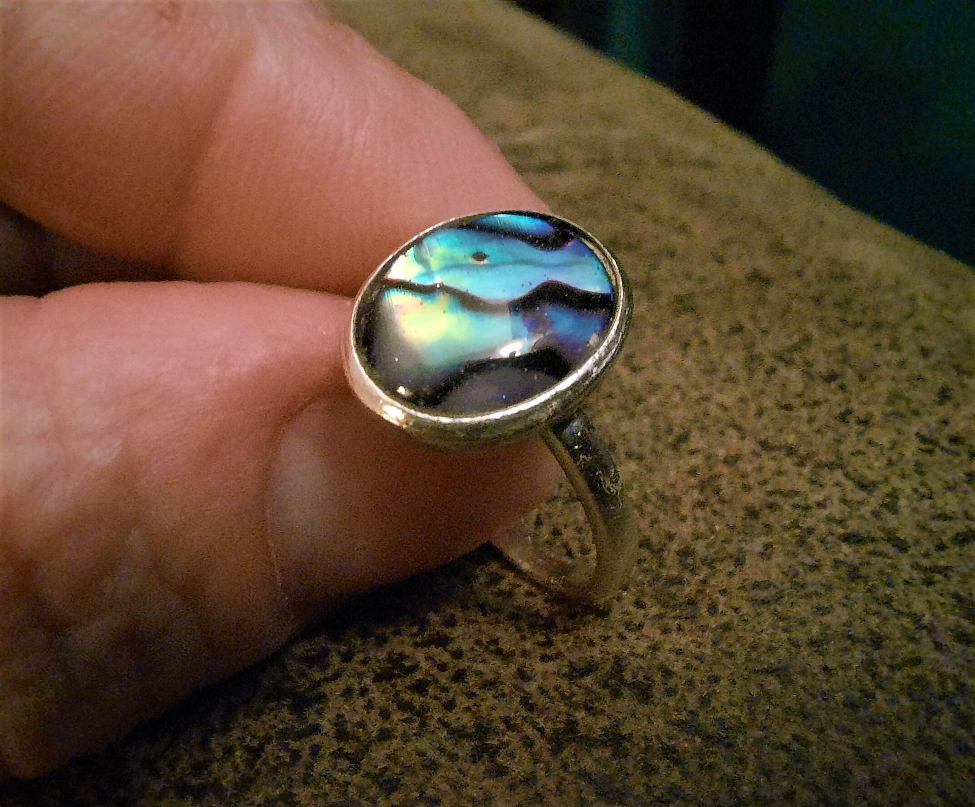 Handmade / Handcrafted 925 Sterling Silver Natural Abalone / Paua Seashell Ring, Oval, Sealed with Holographic Mica Infused Resin