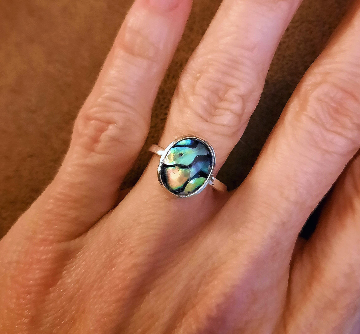 Handmade / Handcrafted 925 Sterling Silver Natural Abalone / Paua Seashell Ring, Oval, Sealed with Holographic Mica Infused Resin