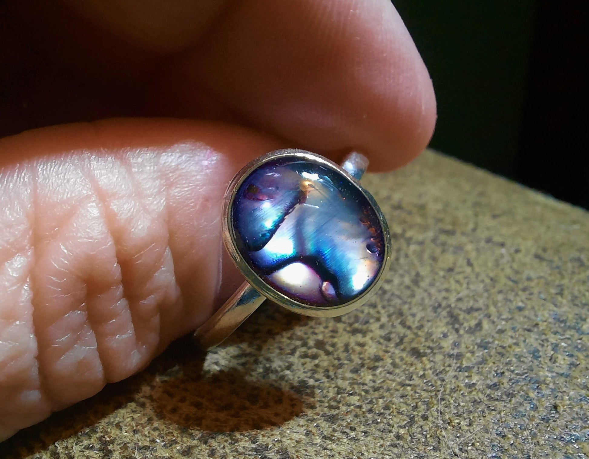 Handmade / Handcrafted 925 Sterling Silver Natural Purple Abalone / Paua Seashell Ring, Oval, Sealed with Holographic Mica Infused Resin