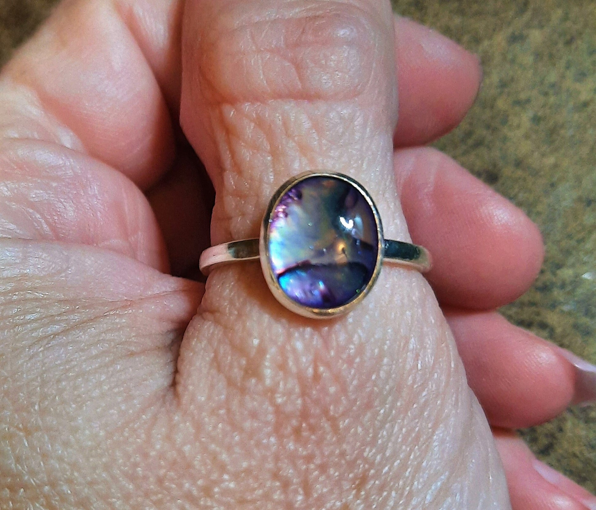 Handmade / Handcrafted 925 Sterling Silver Natural Purple Abalone / Paua Seashell Ring, Oval, Sealed with Holographic Mica Infused Resin