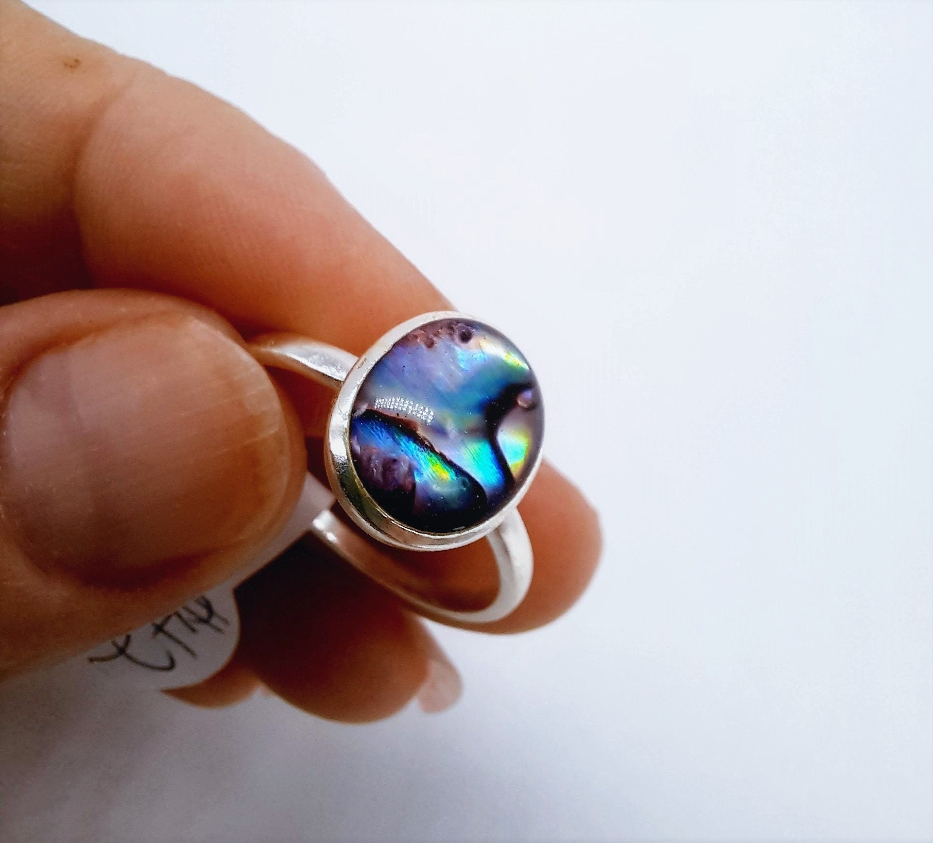 Handmade / Handcrafted 925 Sterling Silver Natural Purple Abalone / Paua Seashell Ring, Oval, Sealed with Holographic Mica Infused Resin