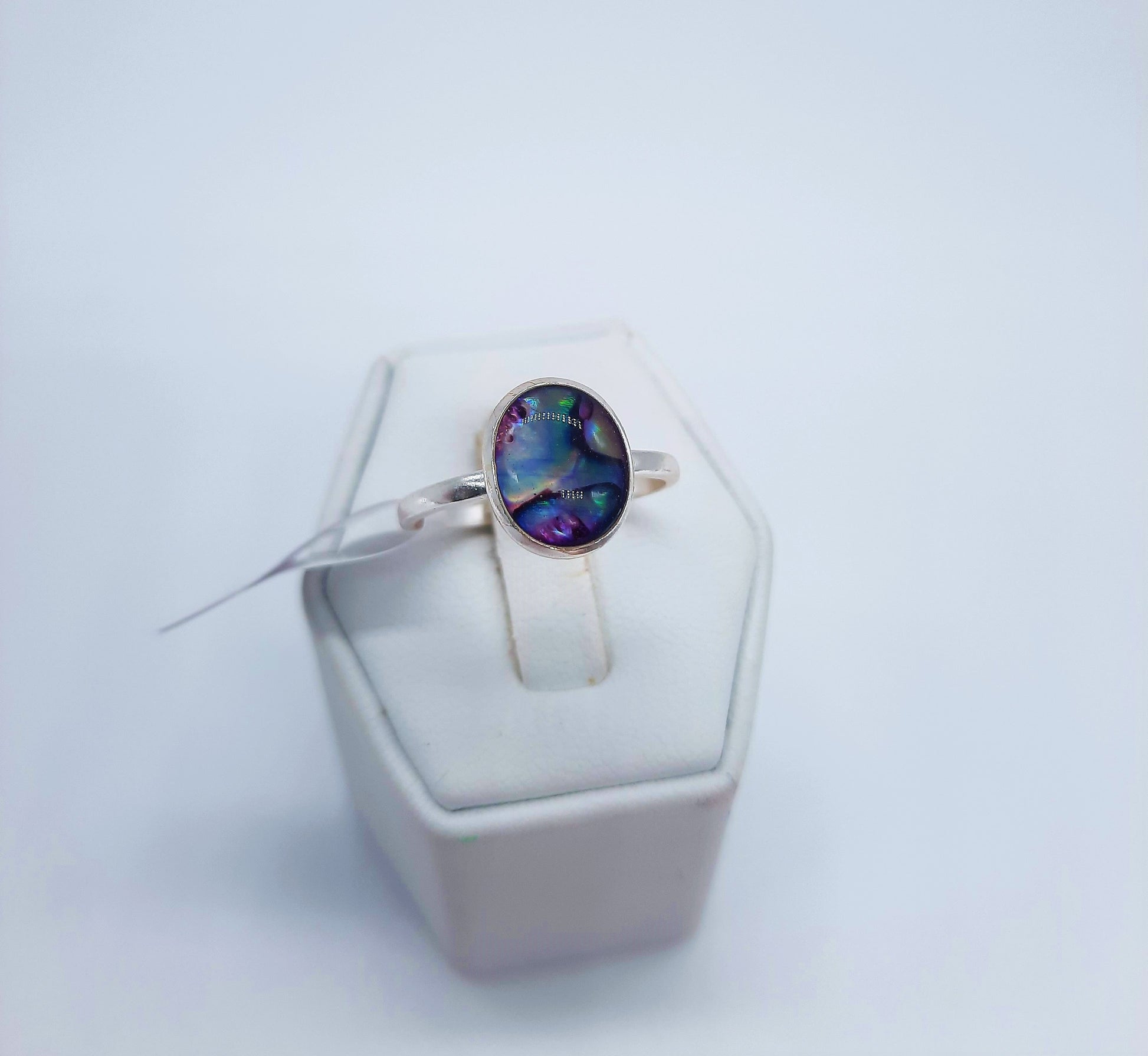 Handmade / Handcrafted 925 Sterling Silver Natural Purple Abalone / Paua Seashell Ring, Oval, Sealed with Holographic Mica Infused Resin