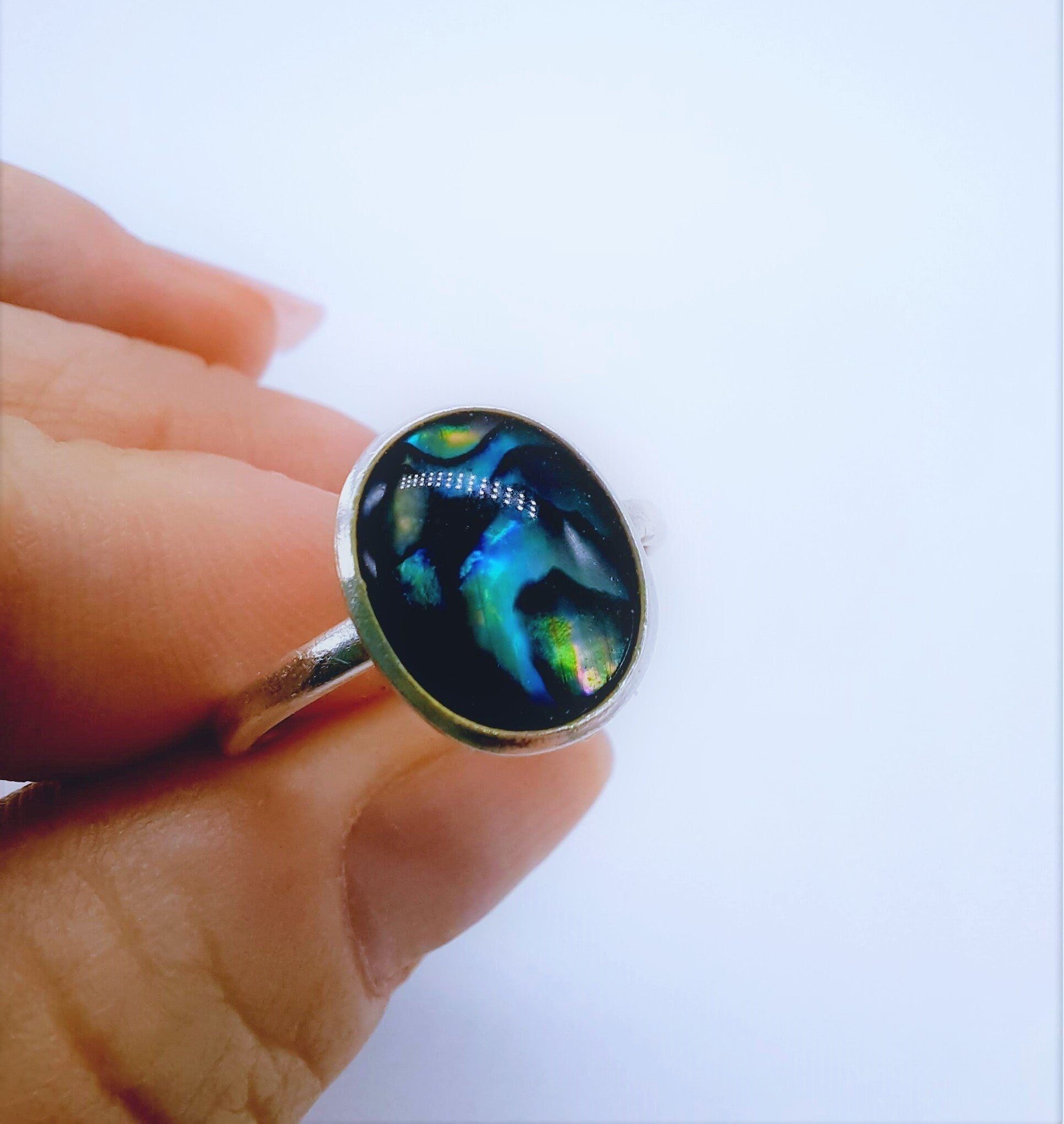 Handmade / Handcrafted 925 Sterling Silver Natural Abalone / Paua Seashell Ring, Oval, Sealed with Holographic Mica Infused Resin