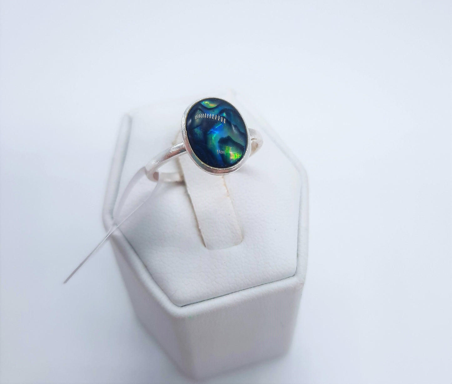 Handmade / Handcrafted 925 Sterling Silver Natural Abalone / Paua Seashell Ring, Oval, Sealed with Holographic Mica Infused Resin