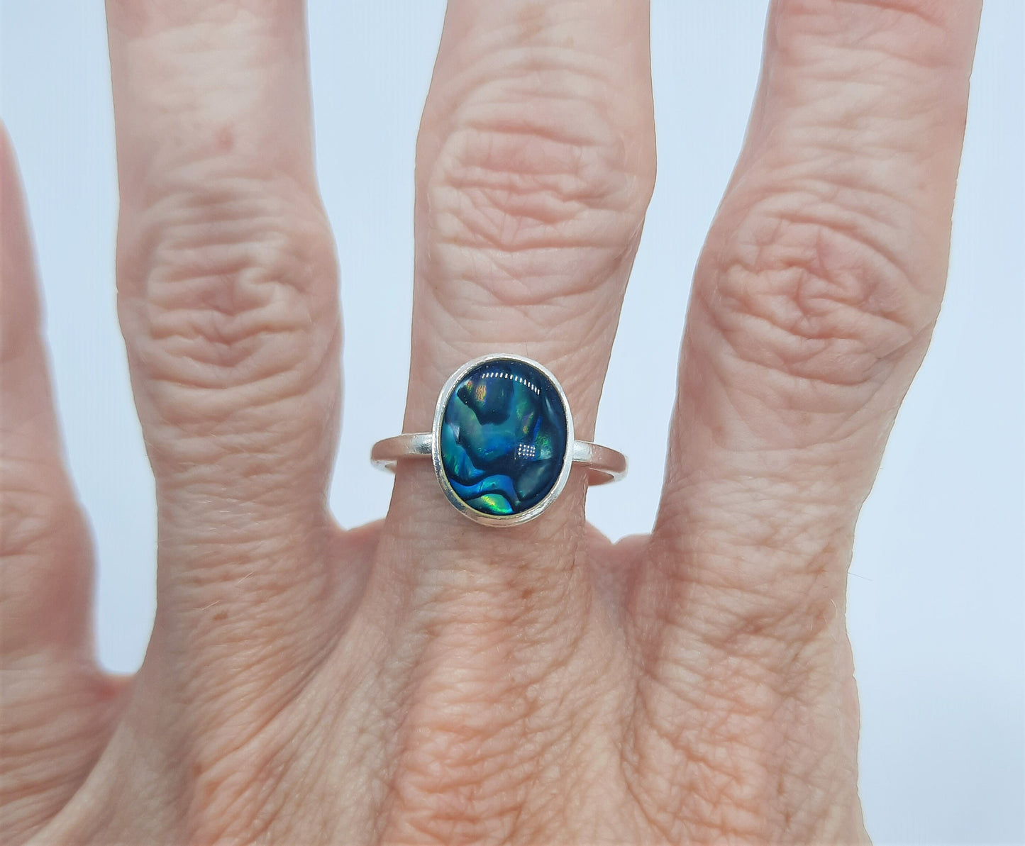 Handmade / Handcrafted 925 Sterling Silver Natural Abalone / Paua Seashell Ring, Oval, Sealed with Holographic Mica Infused Resin